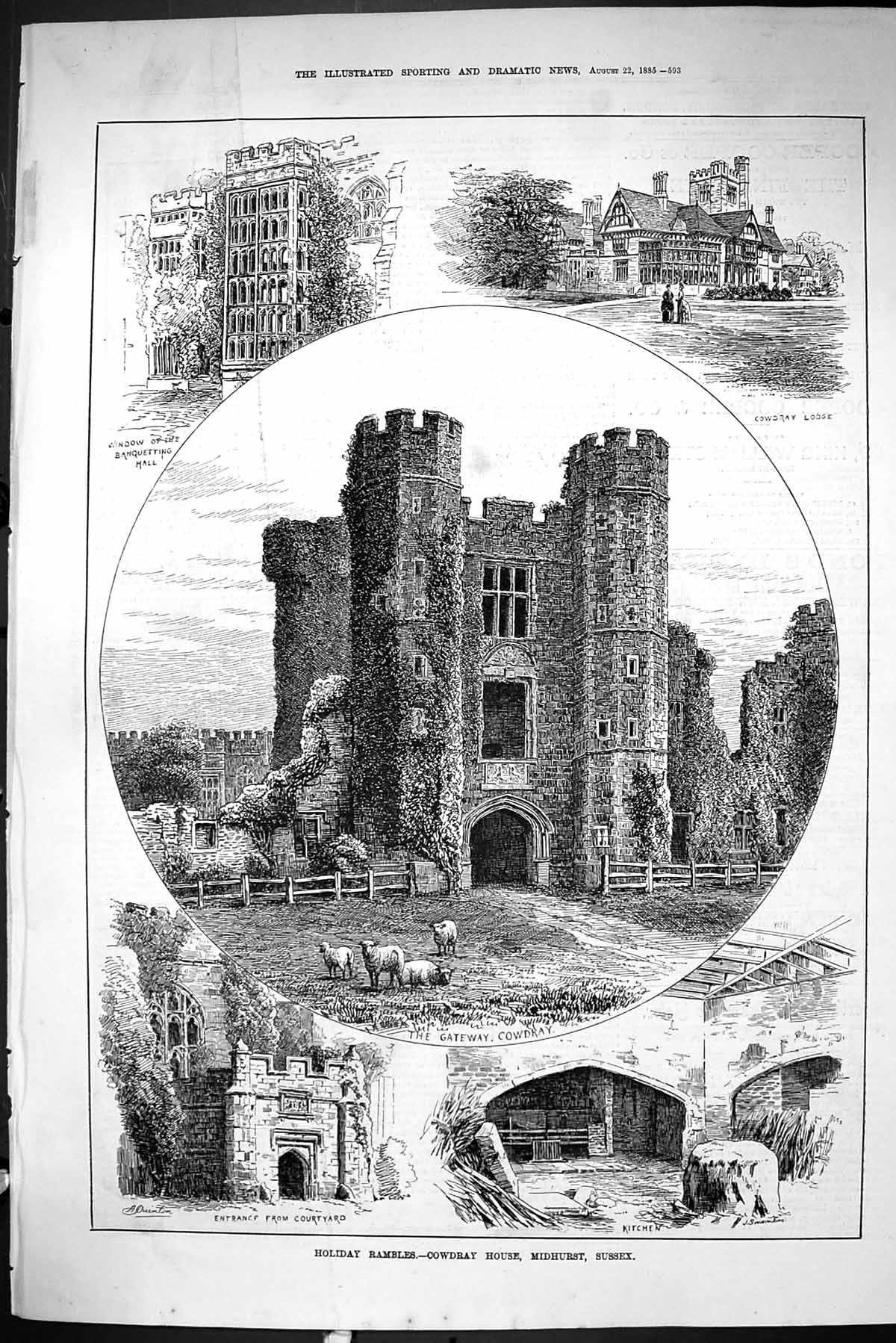 Old Sporting Dramatic News 1885 Cowdray House Midhurst Sussex Gateway Victorian