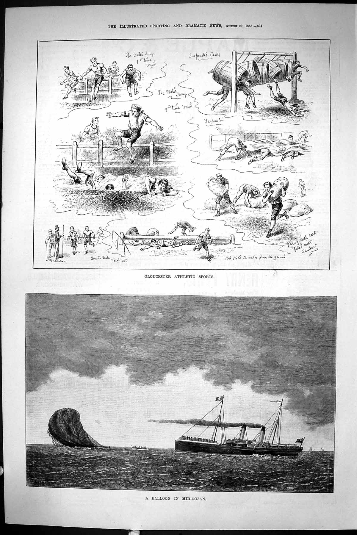 Old Sporting Dramatic News 1885 Balloon Crash Mid-Ocean Gloucester At Victorian