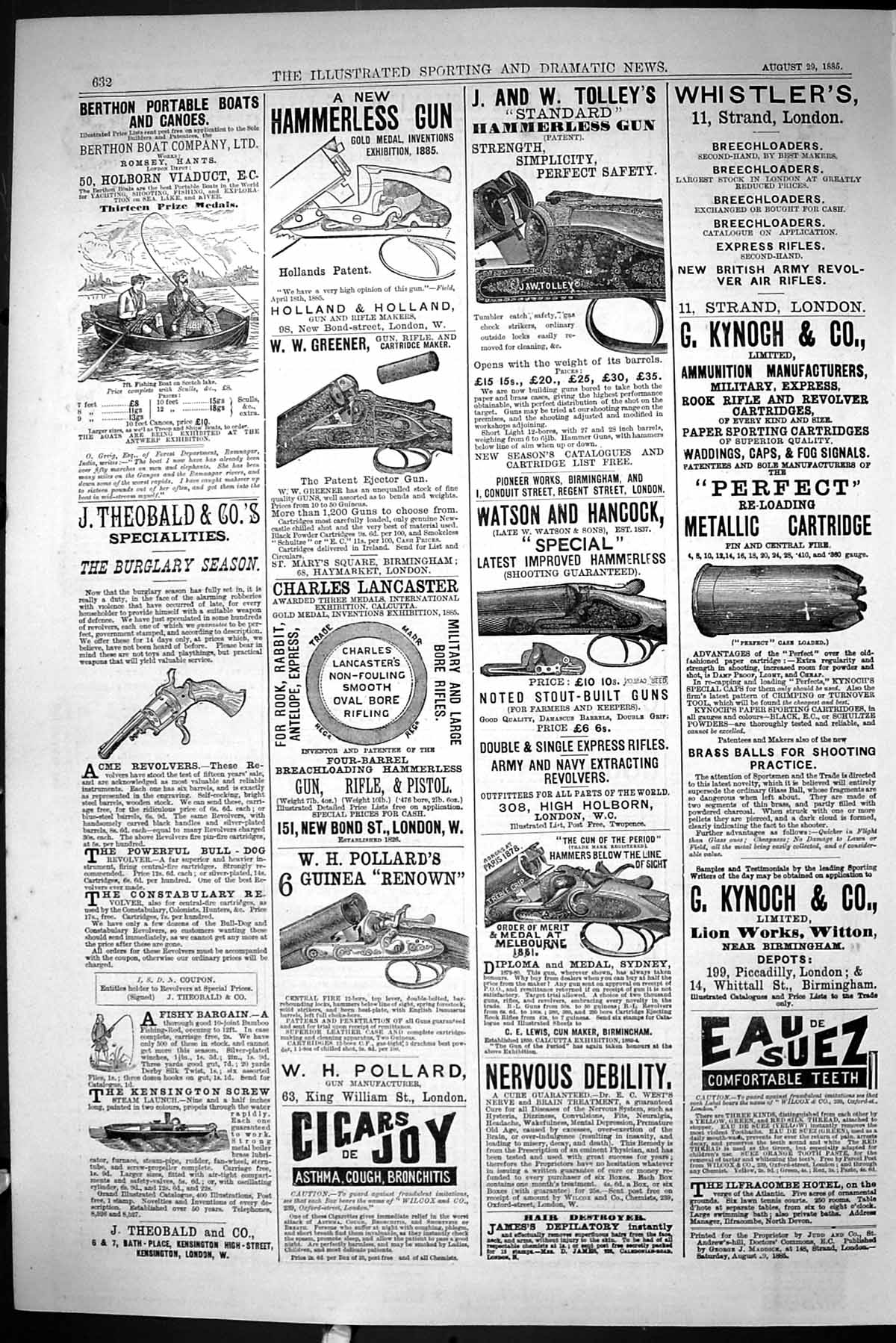 Old Sporting Dramatic News 1885 Holland Gun Pollard Lewis Gun Kynoch Victorian