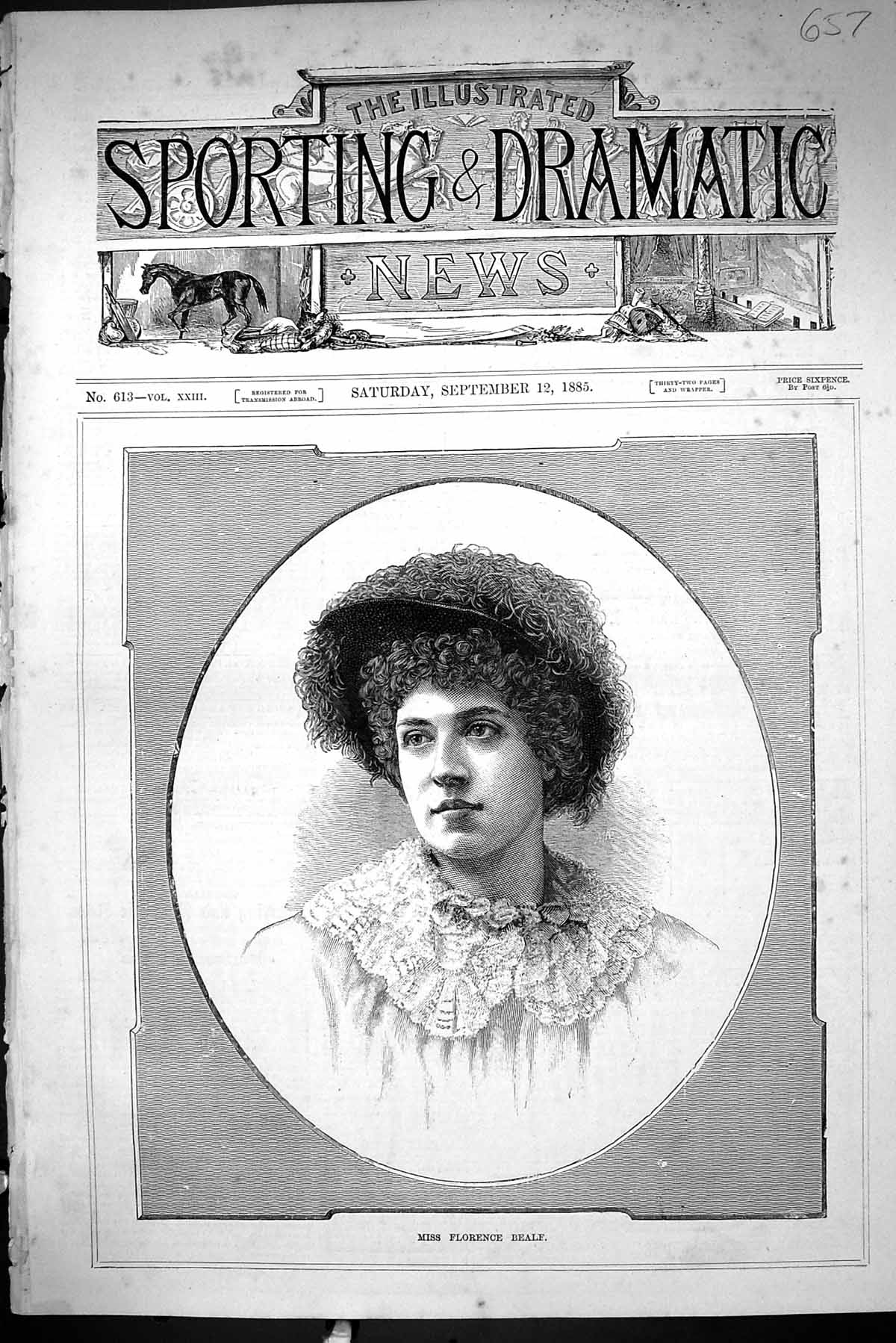 Antique Old Print Sporting Dramatic News 1885 Miss Florence Bealf Lady Woman