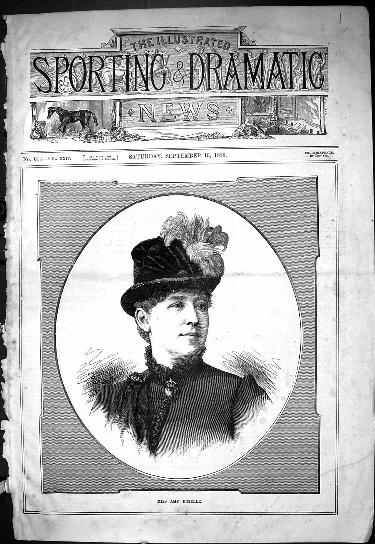 Antique Old Print Sporting Dramatic News 1885 Portrait Miss Amy Roselle Lady