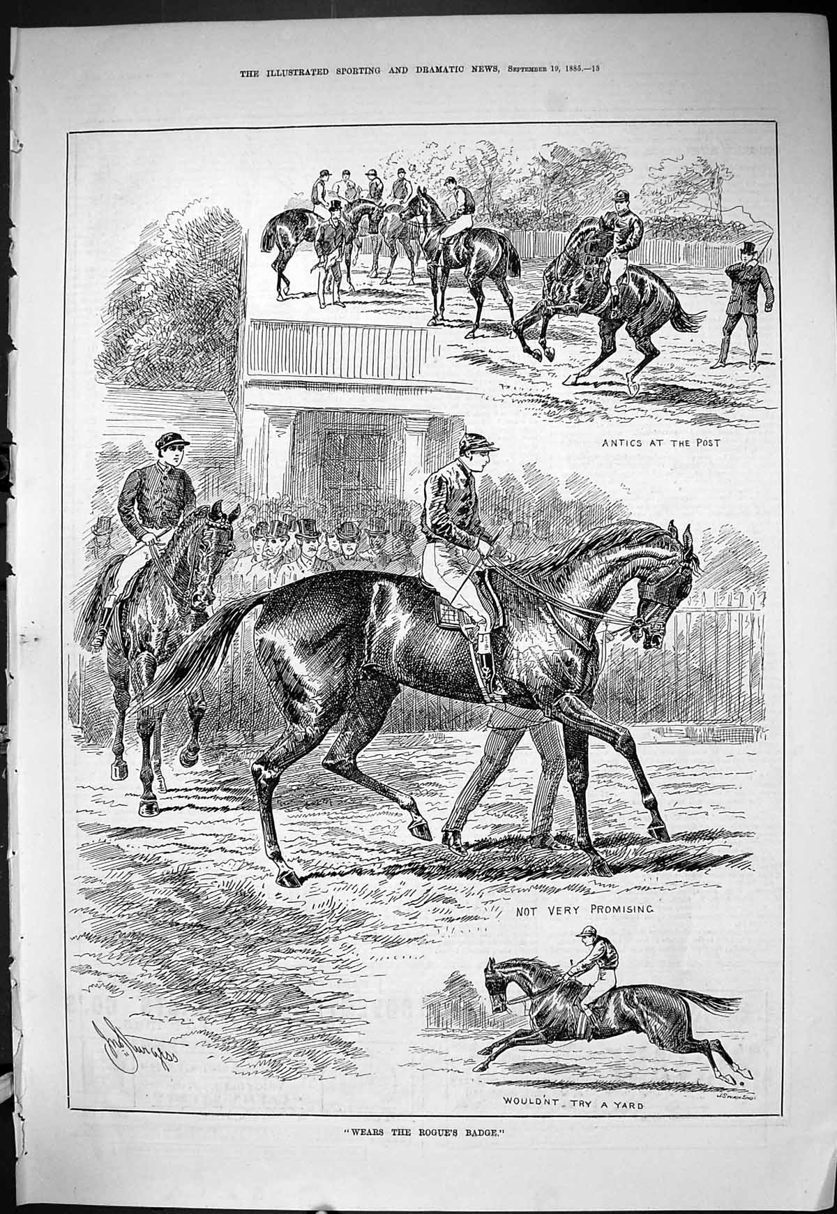 Old Sporting Dramatic News 1885 Horse Racing Jockeys Sport Rouge'S Ba Victorian