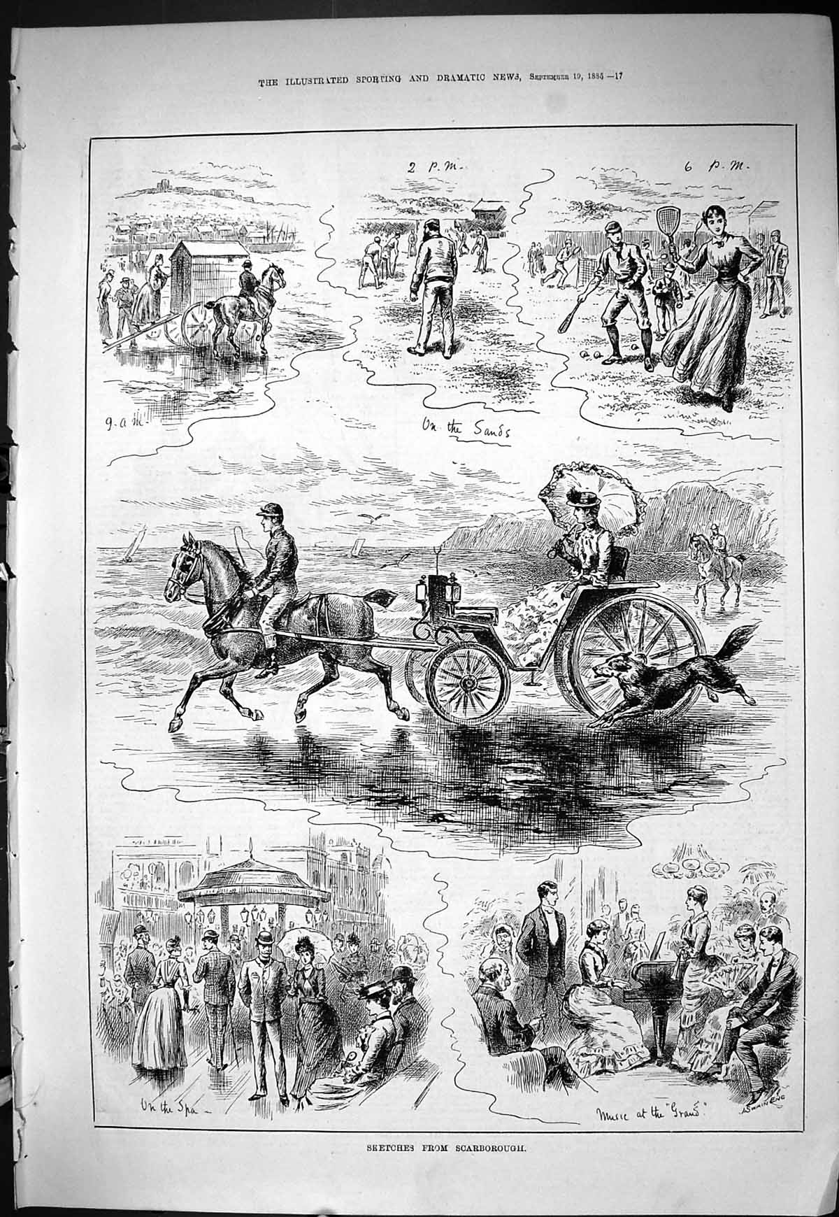 Old Sporting Dramatic News 1885 Scarborough Sands Horse Carriage Spa Victorian