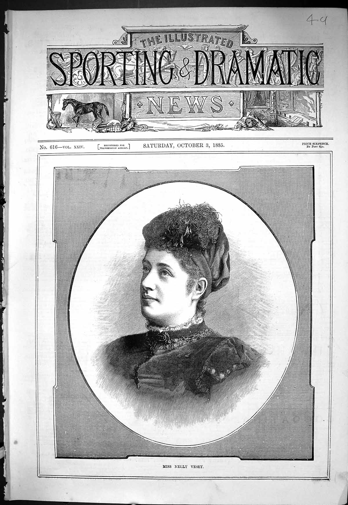 Old Antique Print Sporting Dramatic News 1885 Portrait Miss Nelly Vesey 19th