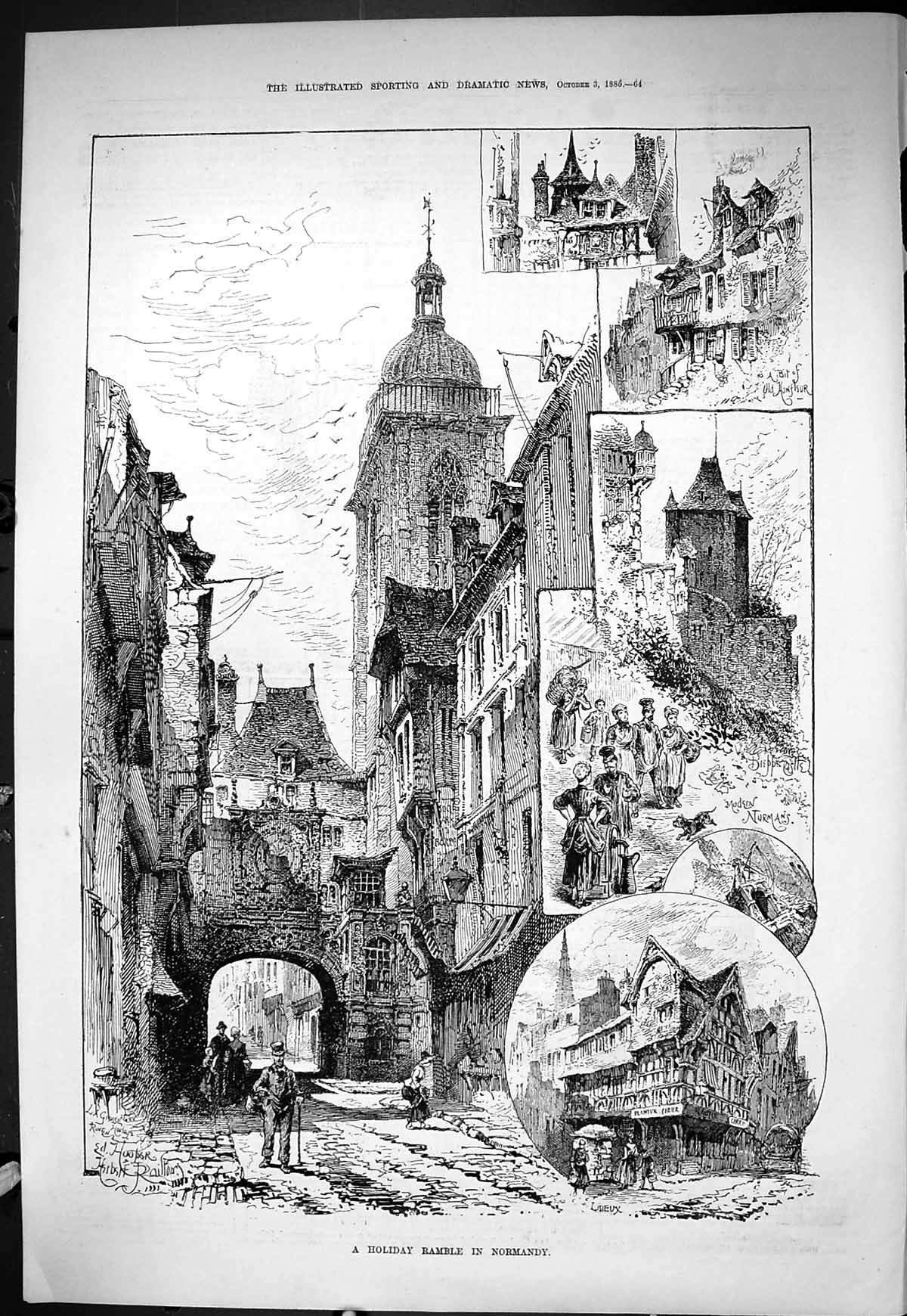 Old Sporting Dramatic News 1885 Holiday Ramble Normandy France Norman Victorian