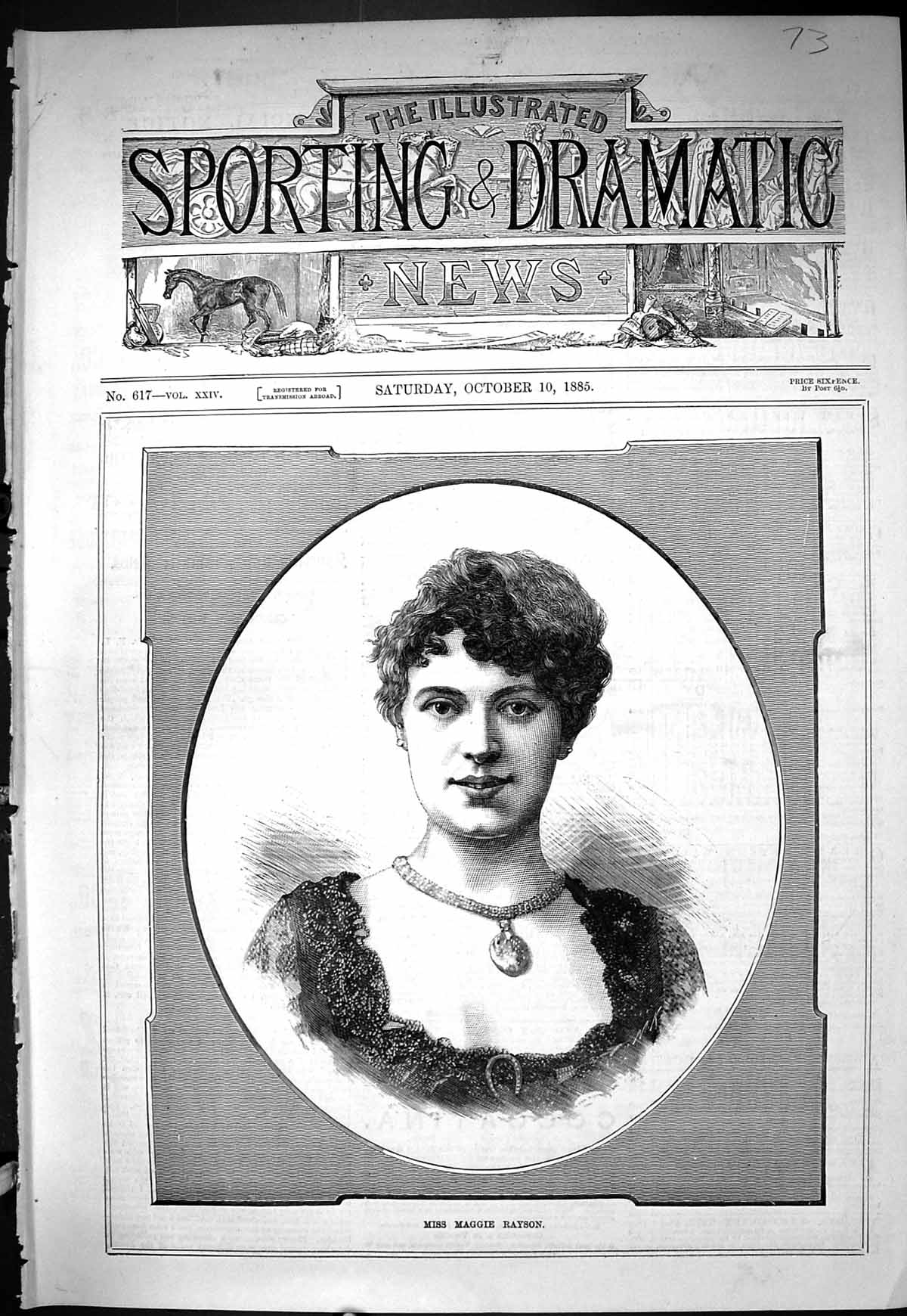 Old Antique Print Sporting Dramatic News 1885 Portrait Miss Maggie Rayson 19th