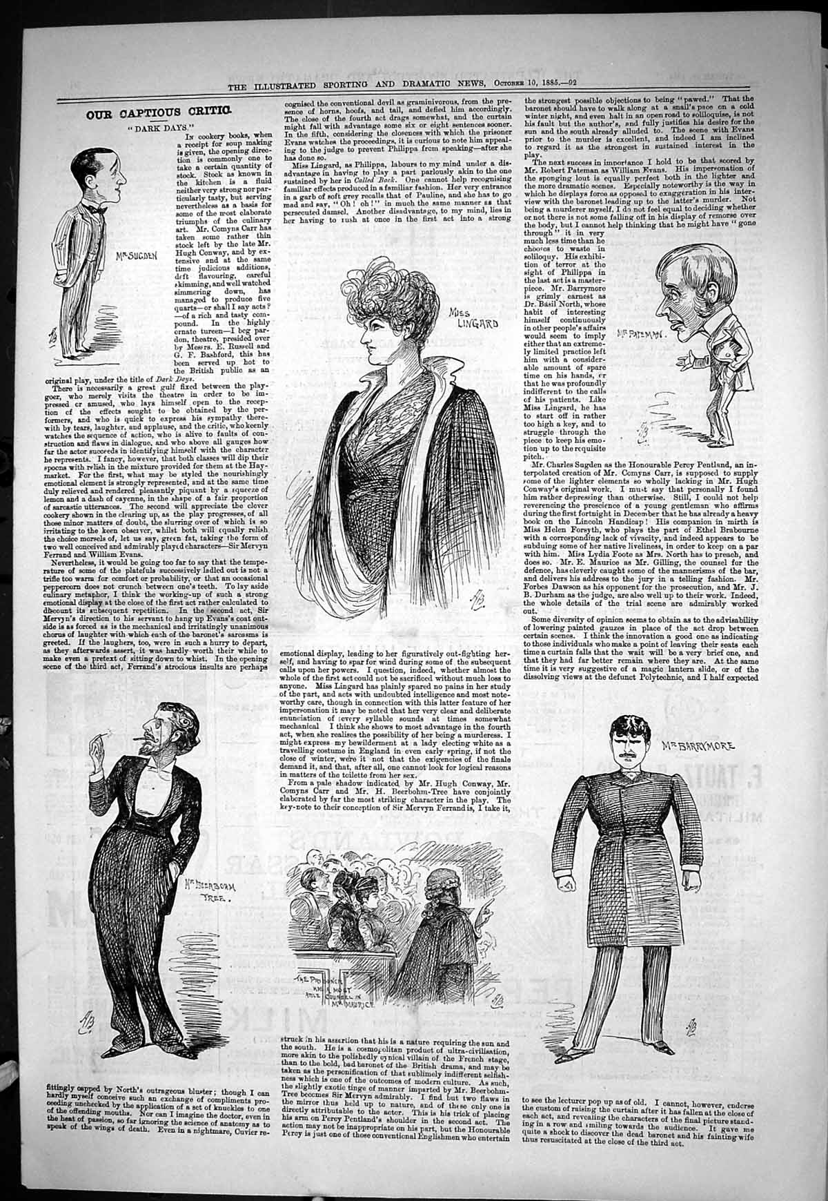 Old Sporting Dramatic News 1885 Captious Critic Dark Days Barrymore L Victorian