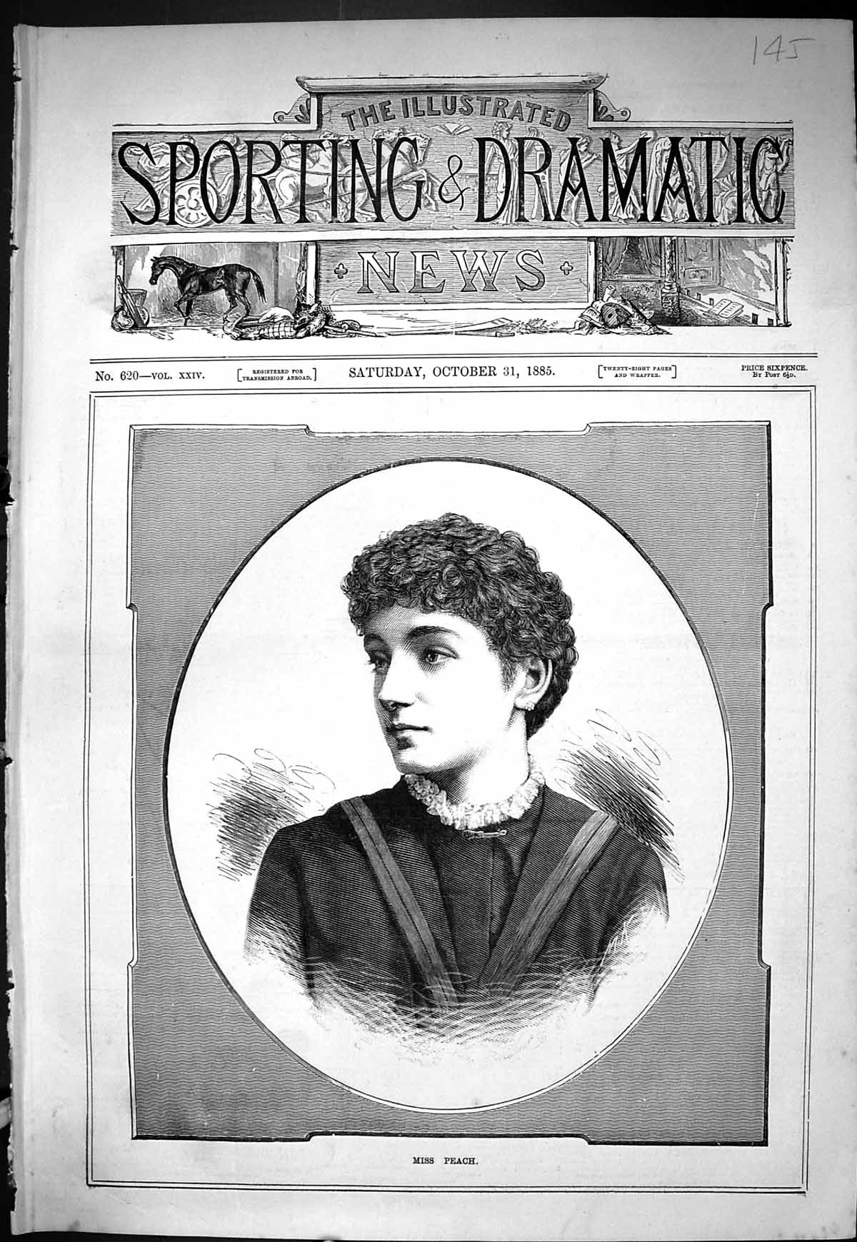Old Print Sporting Dramatic News 1885 Portrait Miss Peach Beautiful Lady 19th