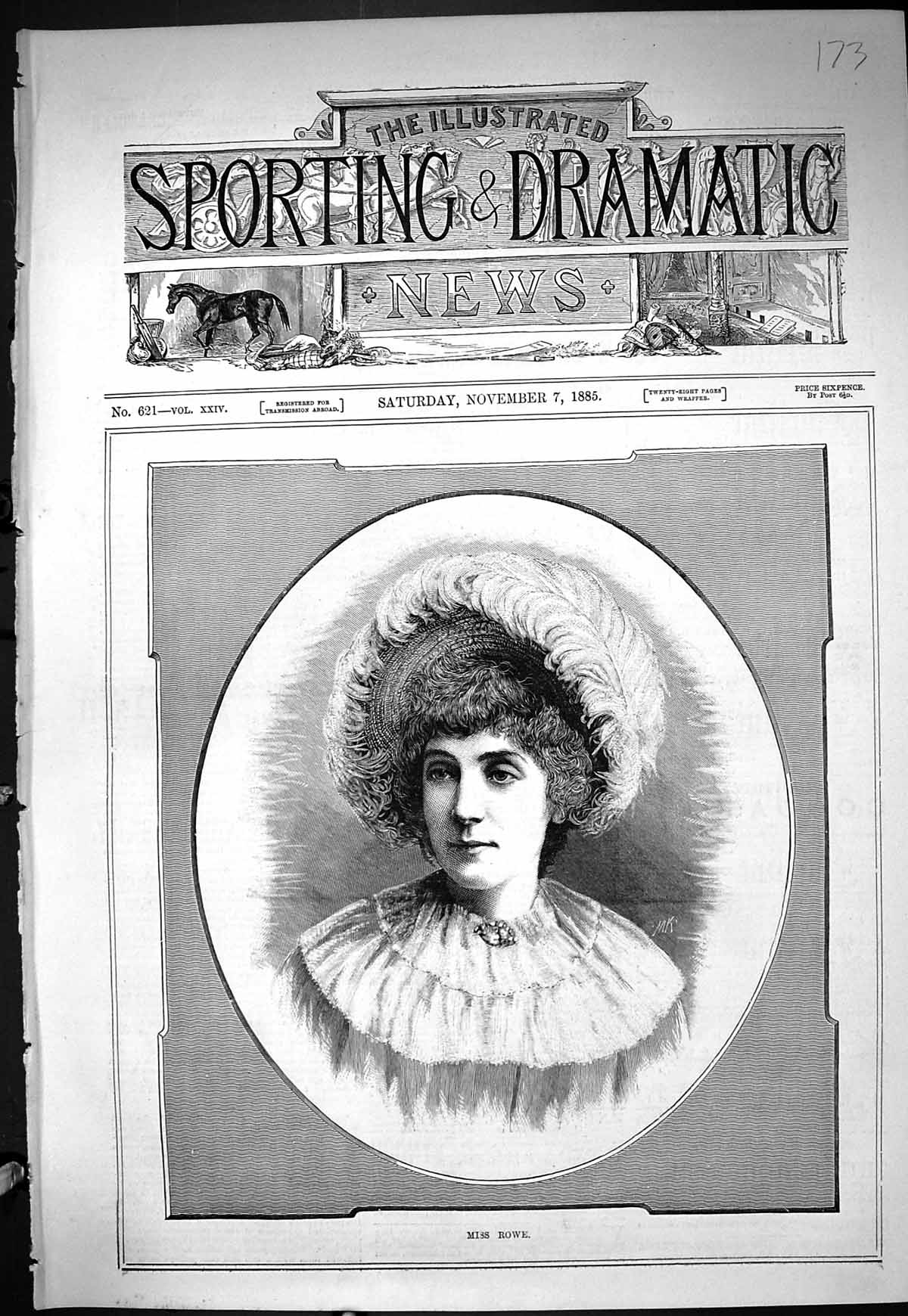 Antique Print Sporting Dramatic News 1885 Portrait Miss Rowe Beautiful Lady