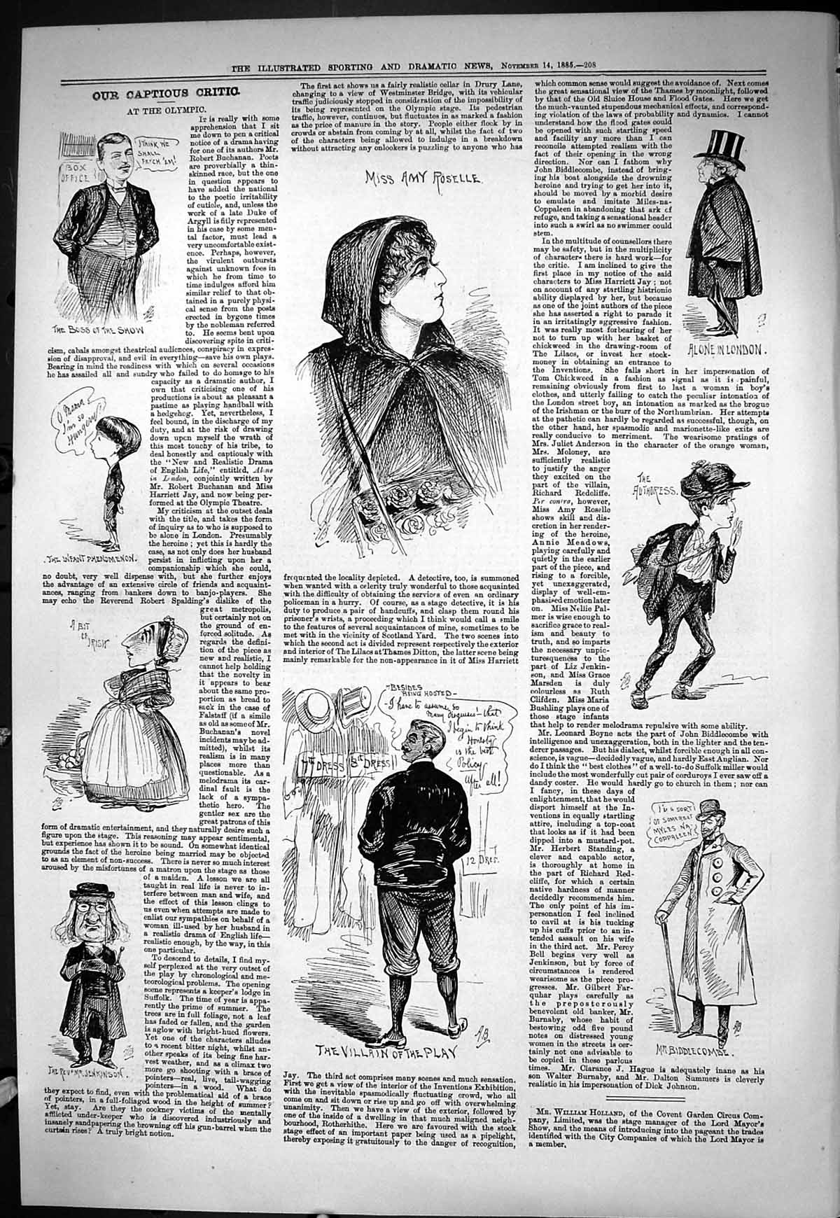 Old Sporting Dramatic News 1885 Captious Critic Olympic Roselle Biddl Victorian