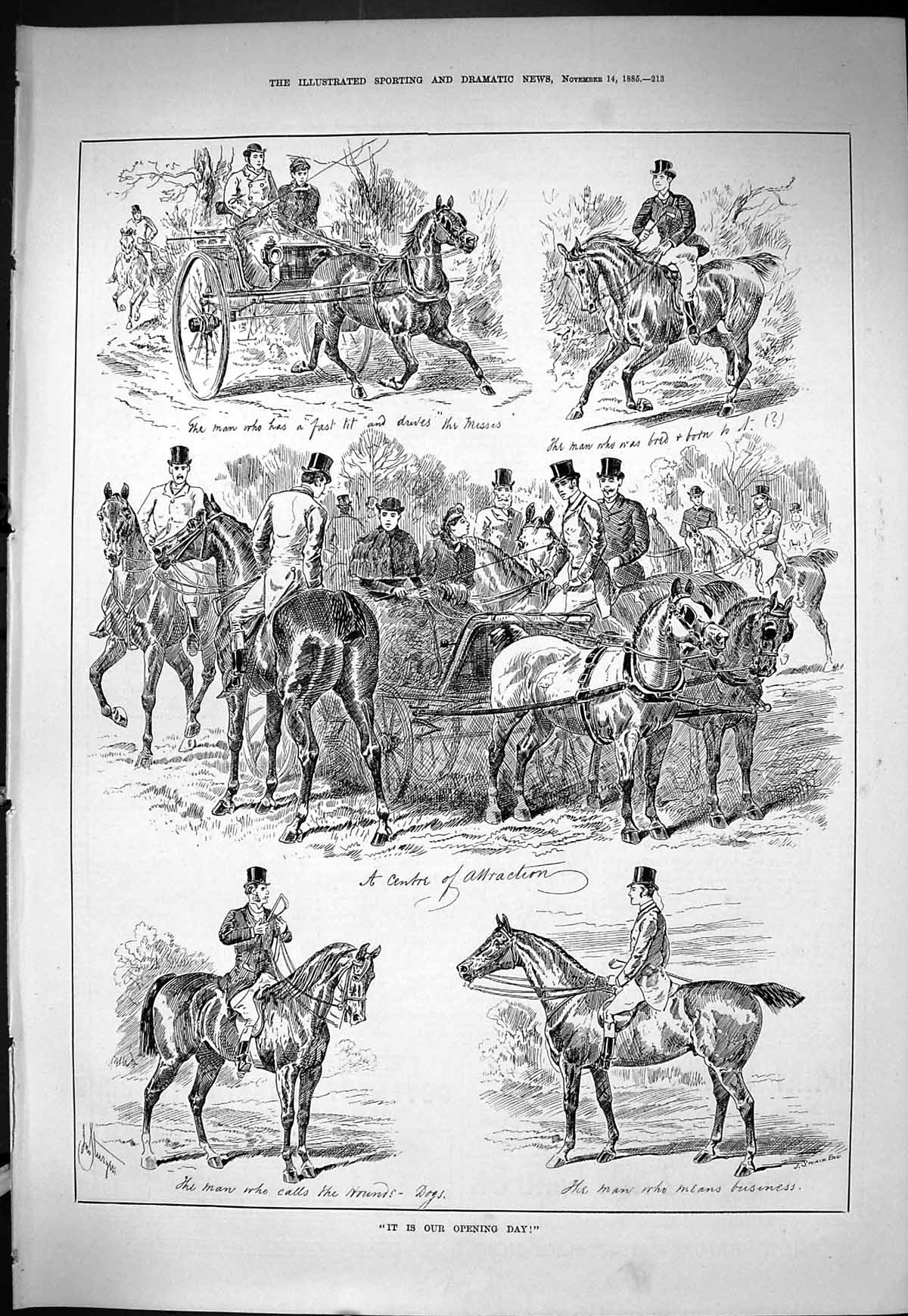 Old Sporting Dramatic News 1885 Opening Day Hunting Horses Huntsmen C Victorian