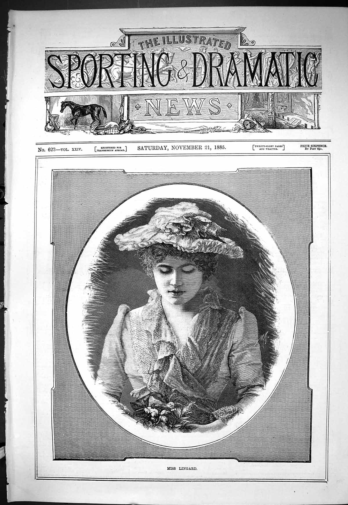Old Antique Print Sporting Dramatic News 1885 Miss Lingard Beautiful Lady 19th
