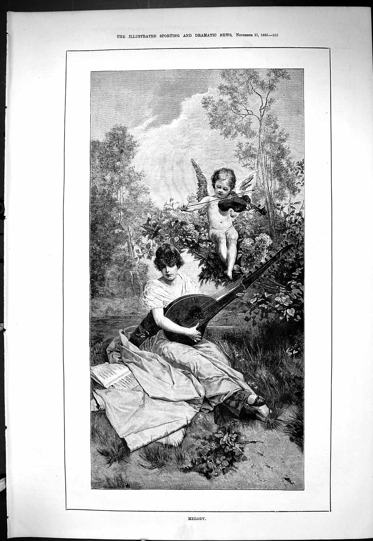 Old Sporting Dramatic News 1885 Melody Young Woman Music Cherub Fine Victorian