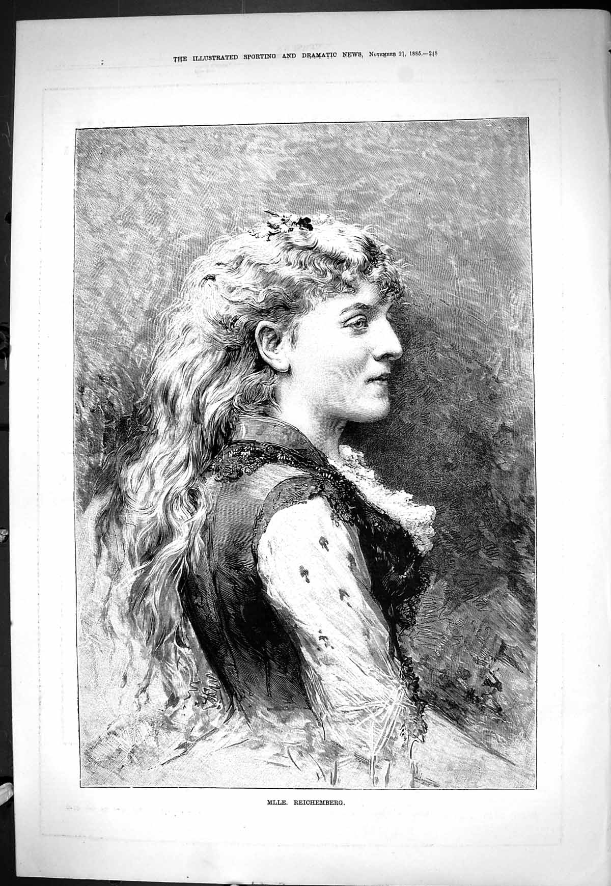Old Antique Print Sporting Dramatic News 1885 Portrait Mlle. Reichemberg 19th