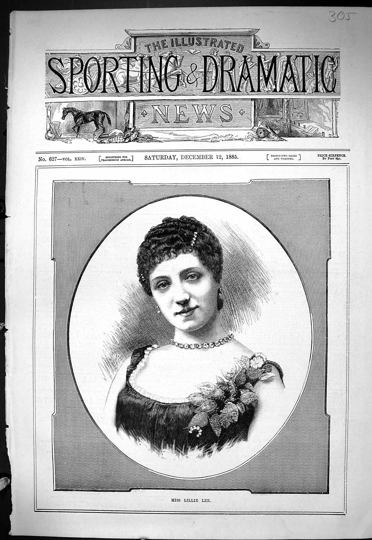 Antique Old Print Sporting Dramatic News 1885 Portrait Miss Lillie Lee Woman