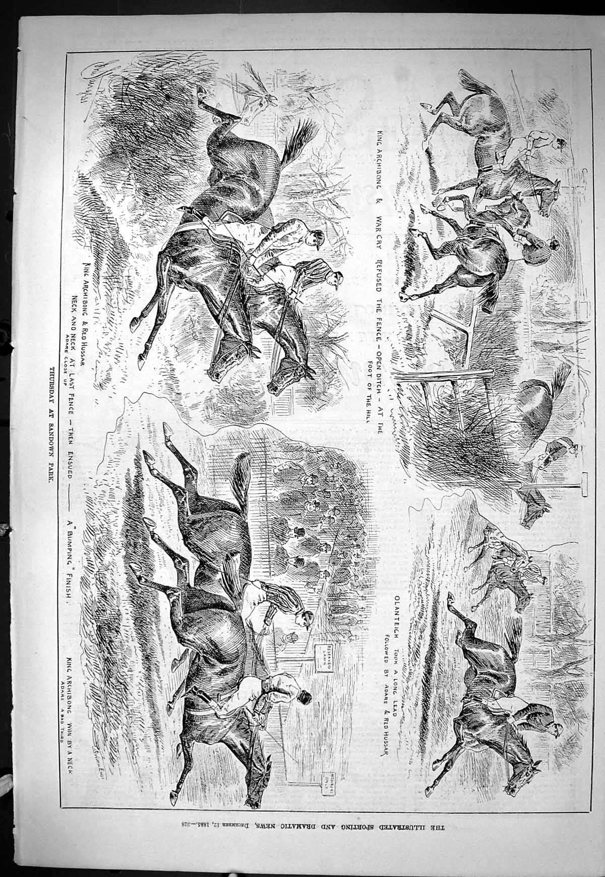 Old Sporting Dramatic News 1885 Sandown Park Horse Racing Sport Olant Victorian