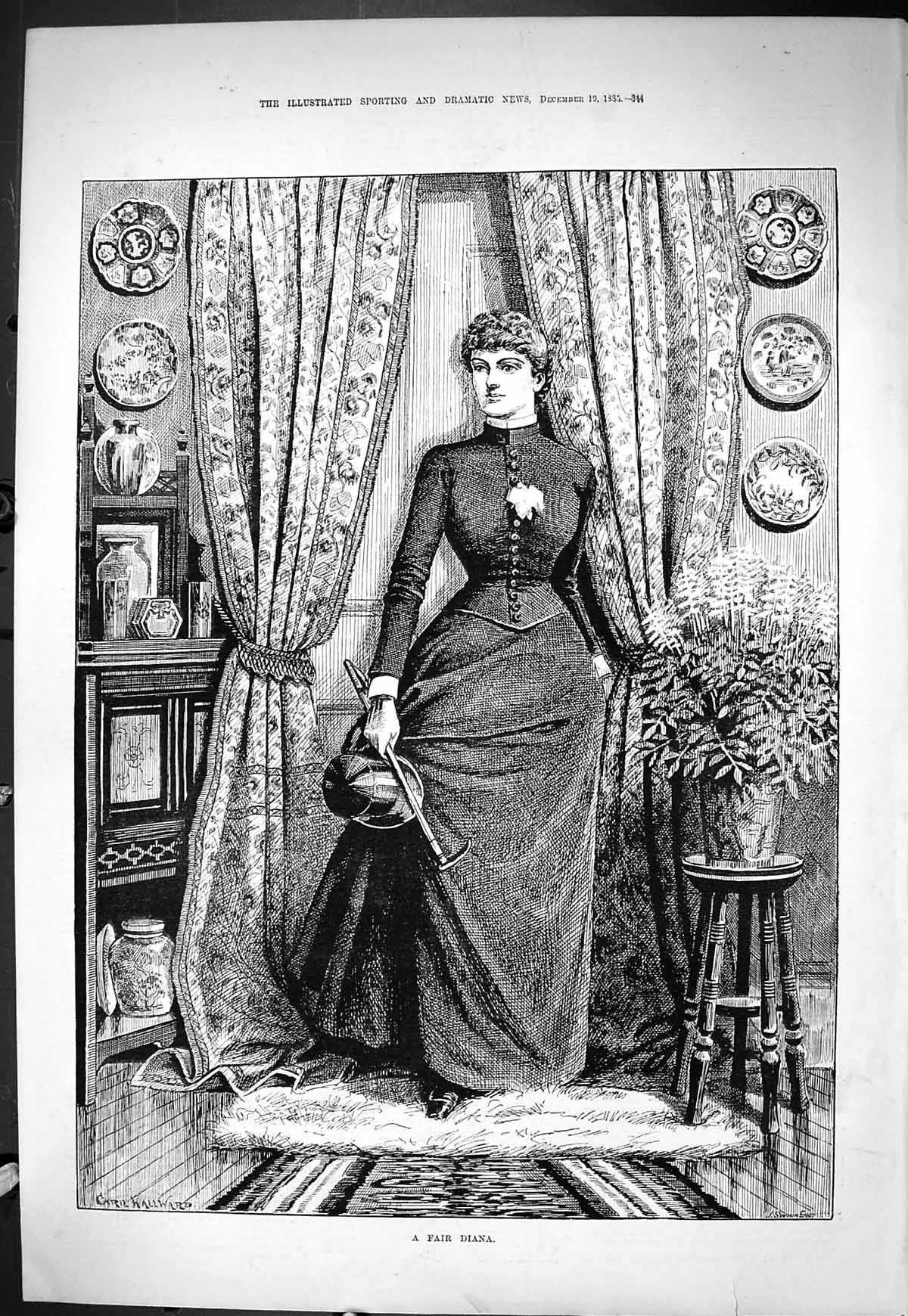 Antique Print Sporting Dramatic News 1885 Portrait Fair Diana Hunting Lady 19th