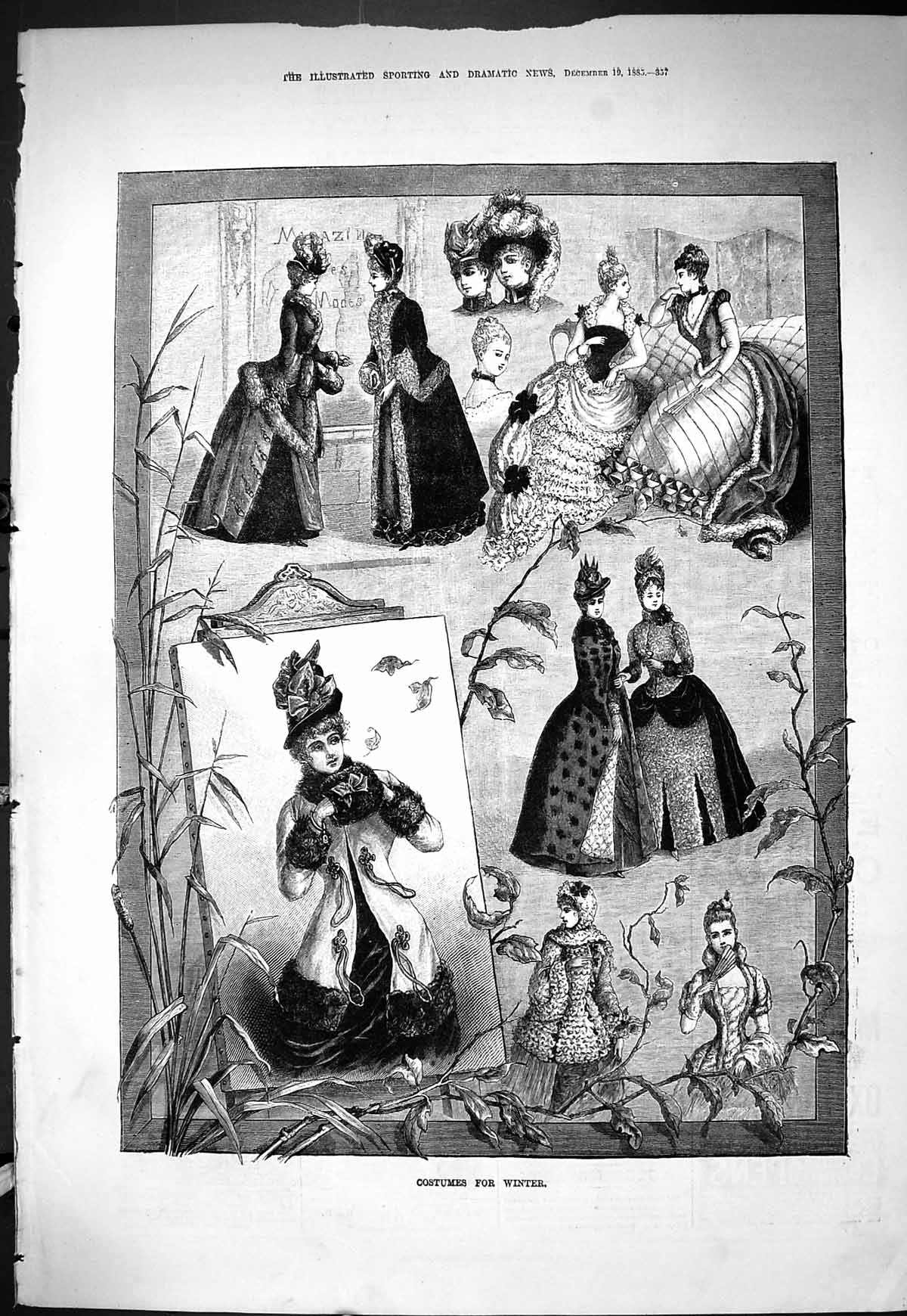 Antique Print Sporting Dramatic News 1885 Ladies Costumes Winter Fur Coats 19th