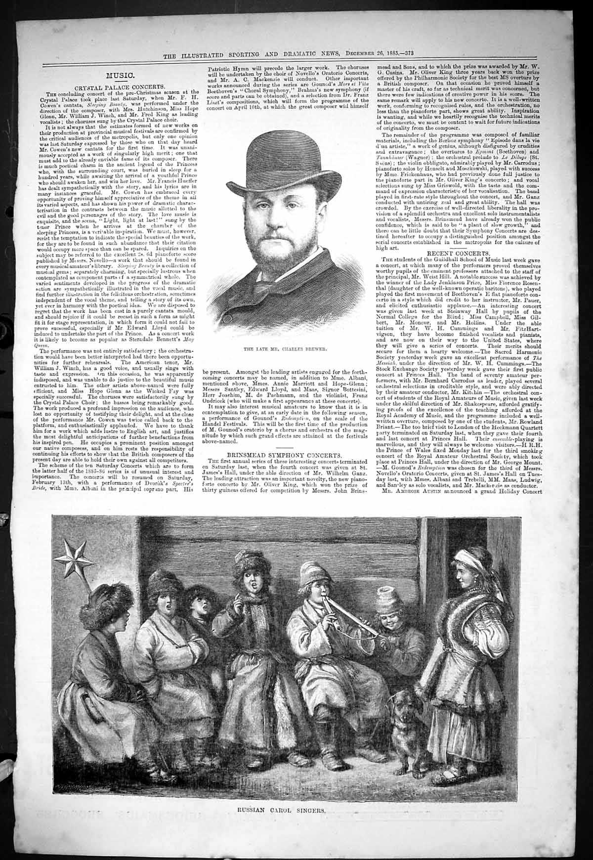 Old Sporting Dramatic News 1885 Charles Brewer Russian Carol Singers Victorian