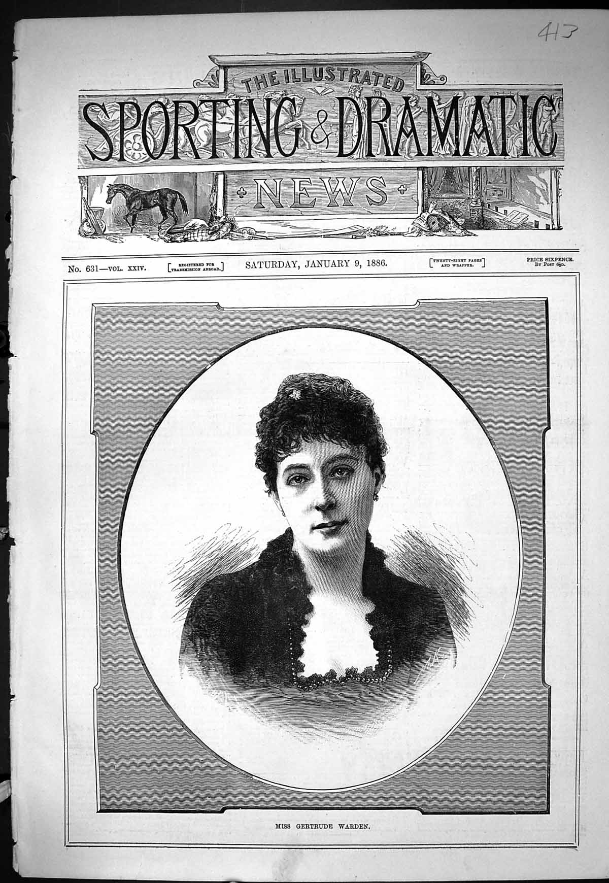 Antique Old Print Sporting Dramatic News 1886 Portrait Miss Gertrude Warden