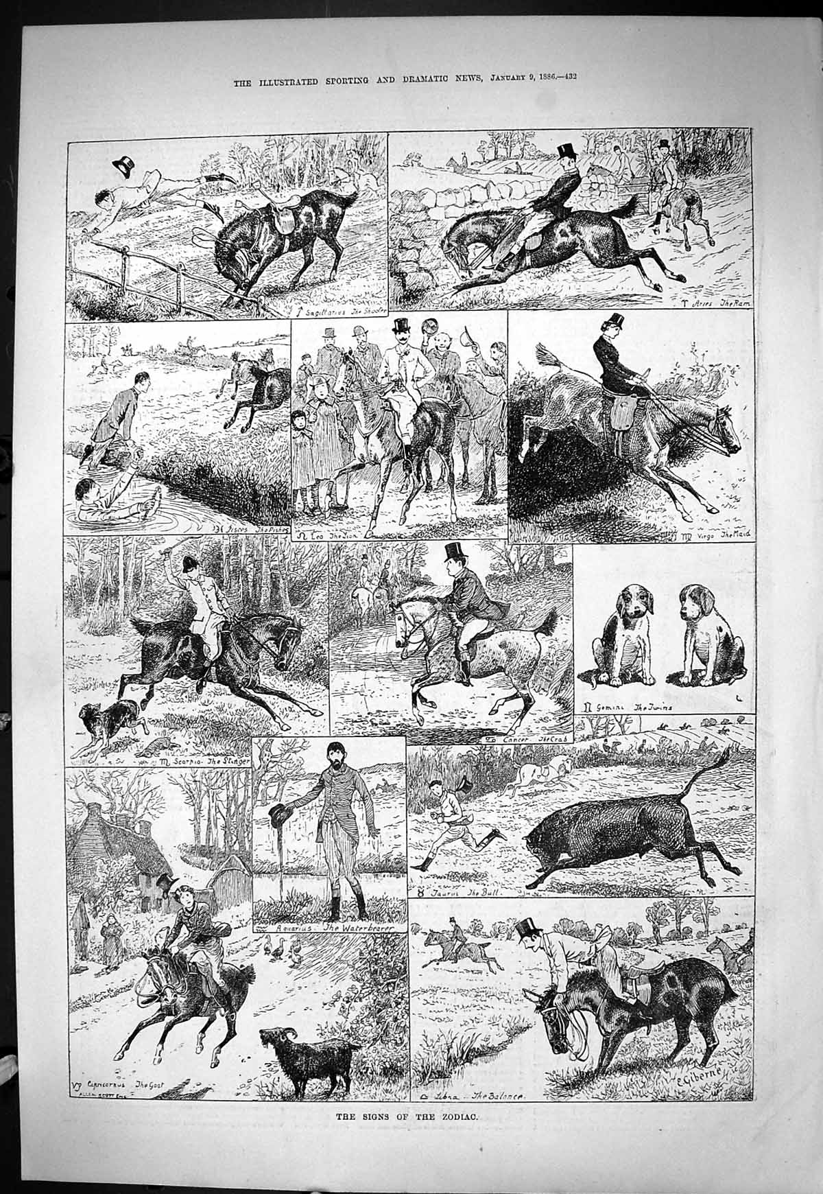 Old Sporting Dramatic News 1886 Signs Zodiac Hunting Gemini Libra Cap Victorian