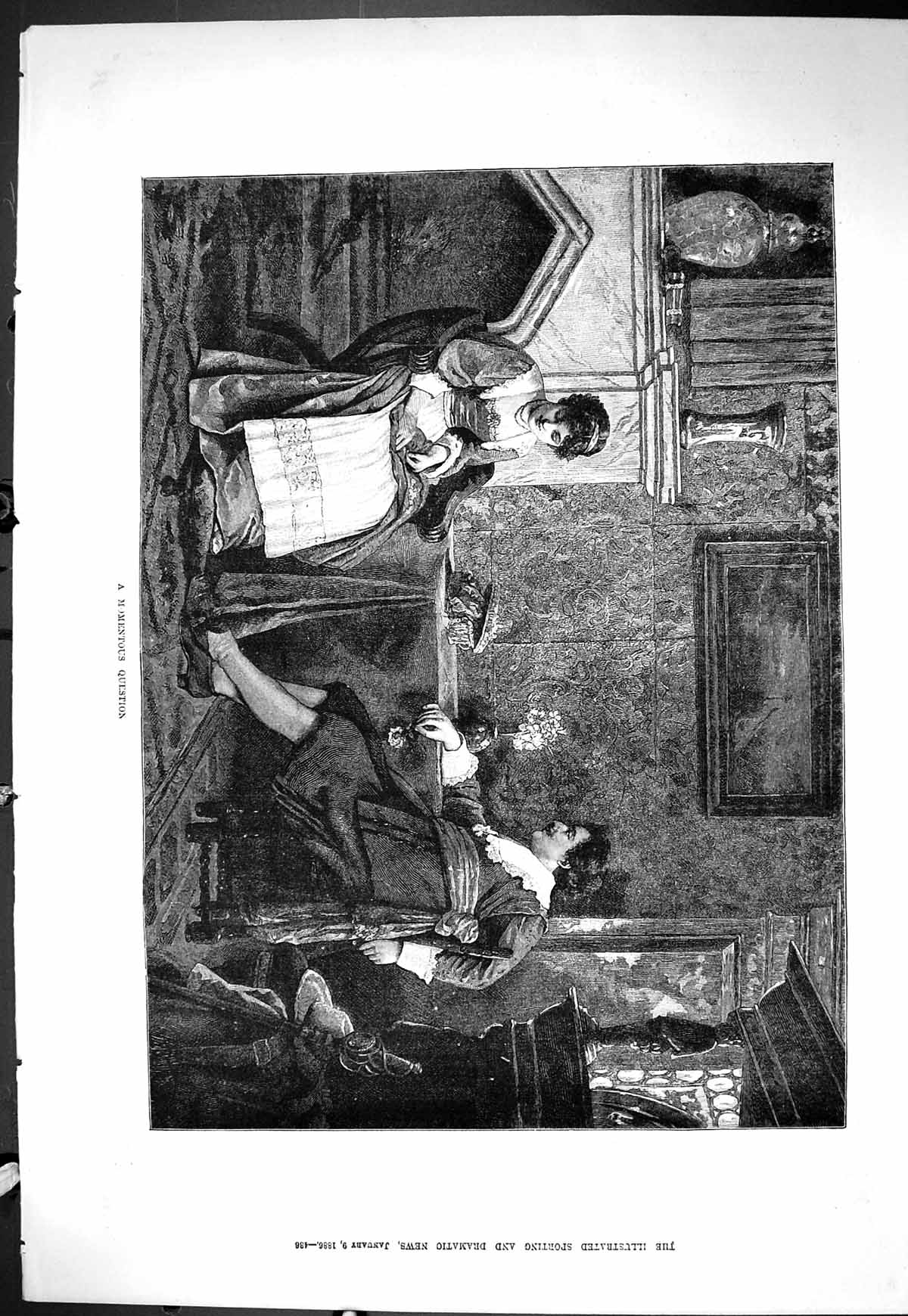 Old Print Sporting Dramatic News 1886 Momentous Question Lady Man Romance 19th
