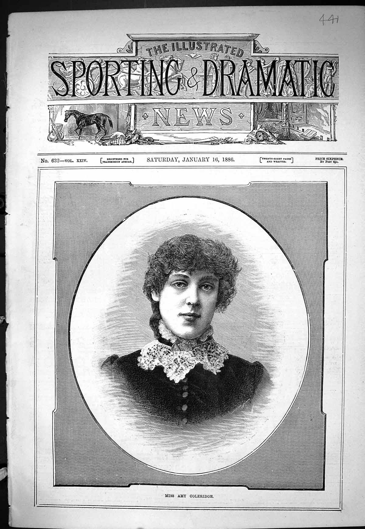 Old Antique Print Sporting Dramatic News 1886 Portrait Miss Amy Coleridge 19th