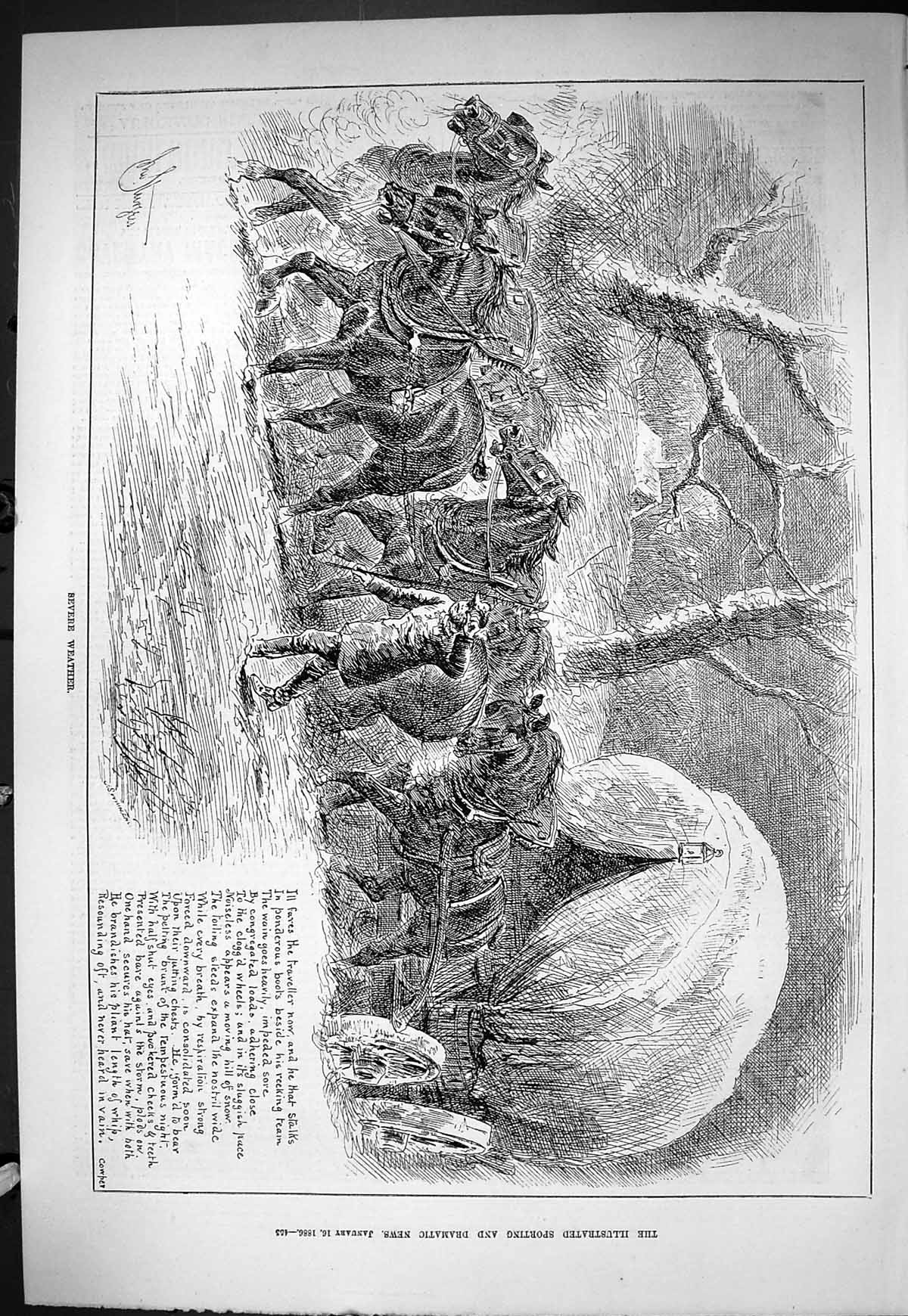 Old Sporting Dramatic News 1886 Severe Weather Snow Winter Horses Car Victorian