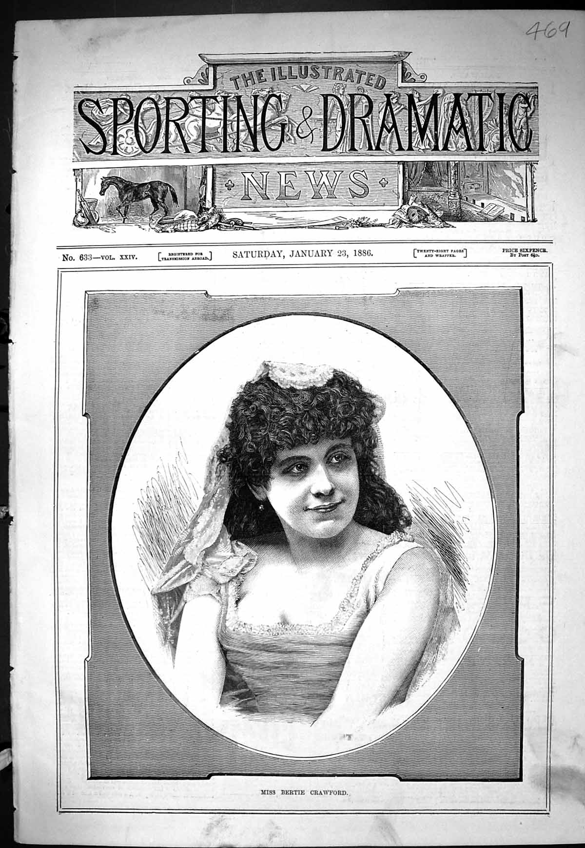 Antique Old Print Sporting Dramatic News 1886 Portrait Miss Bertie Crawford