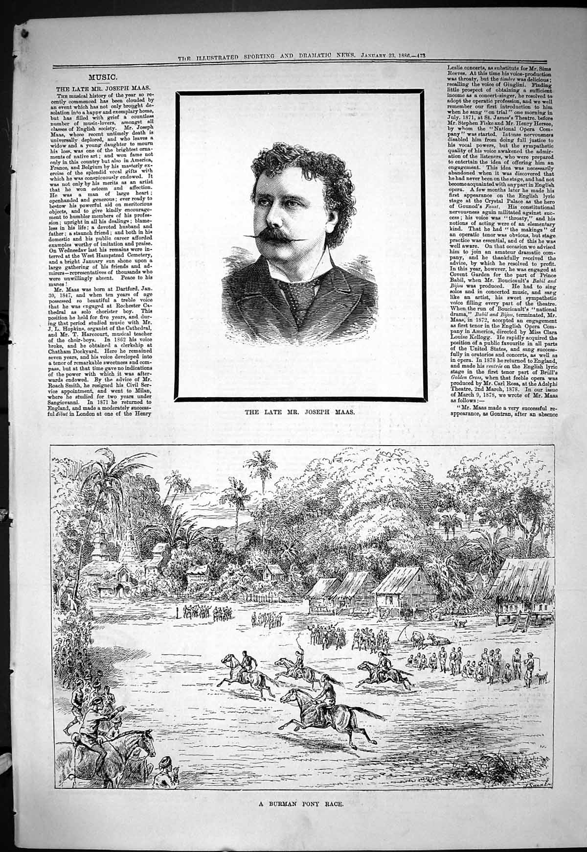 Antique Old Print Sporting Dramatic News 1886 Joseph Maas Burman Pony Race 19th