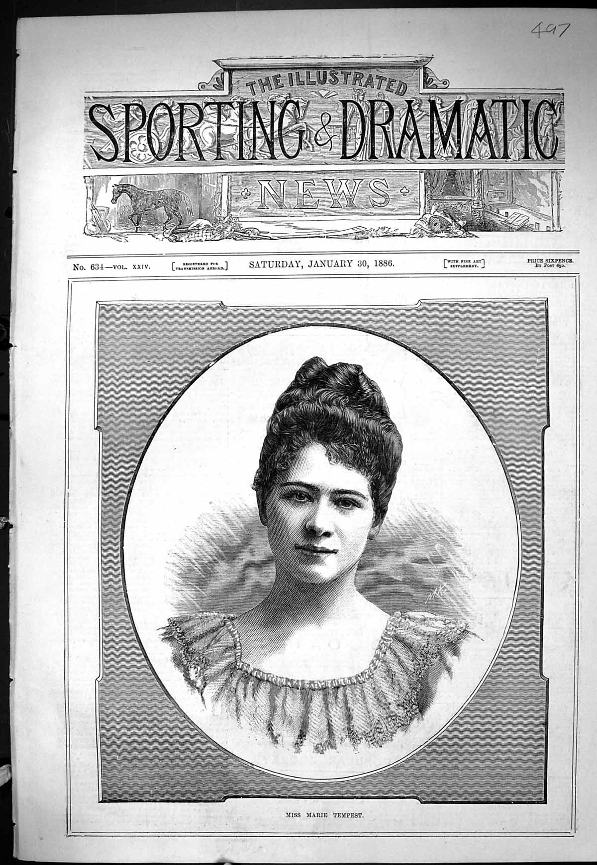Old Antique Print Sporting Dramatic News 1886 Portrait Miss Marie Tempest 19th