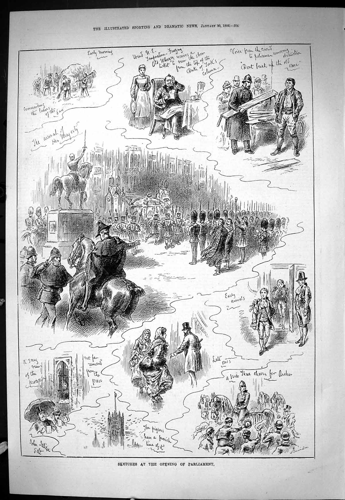 Old Sporting Dramatic News 1886 Opening Parliament House Commons Pige Victorian