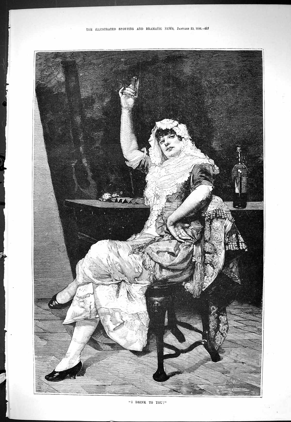 Old Sporting Dramatic News 1886 I Drink To You Lady Sitting Chair Fin Victorian