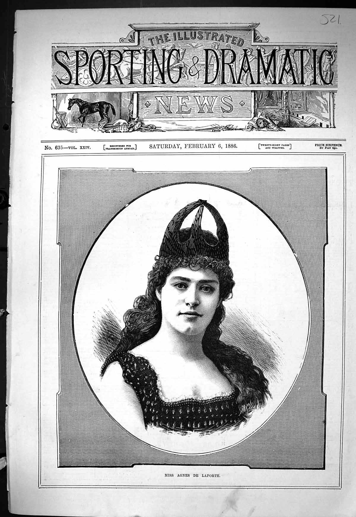Antique Old Print Sporting Dramatic News 1886 Portrait Miss Agnes De Laporte