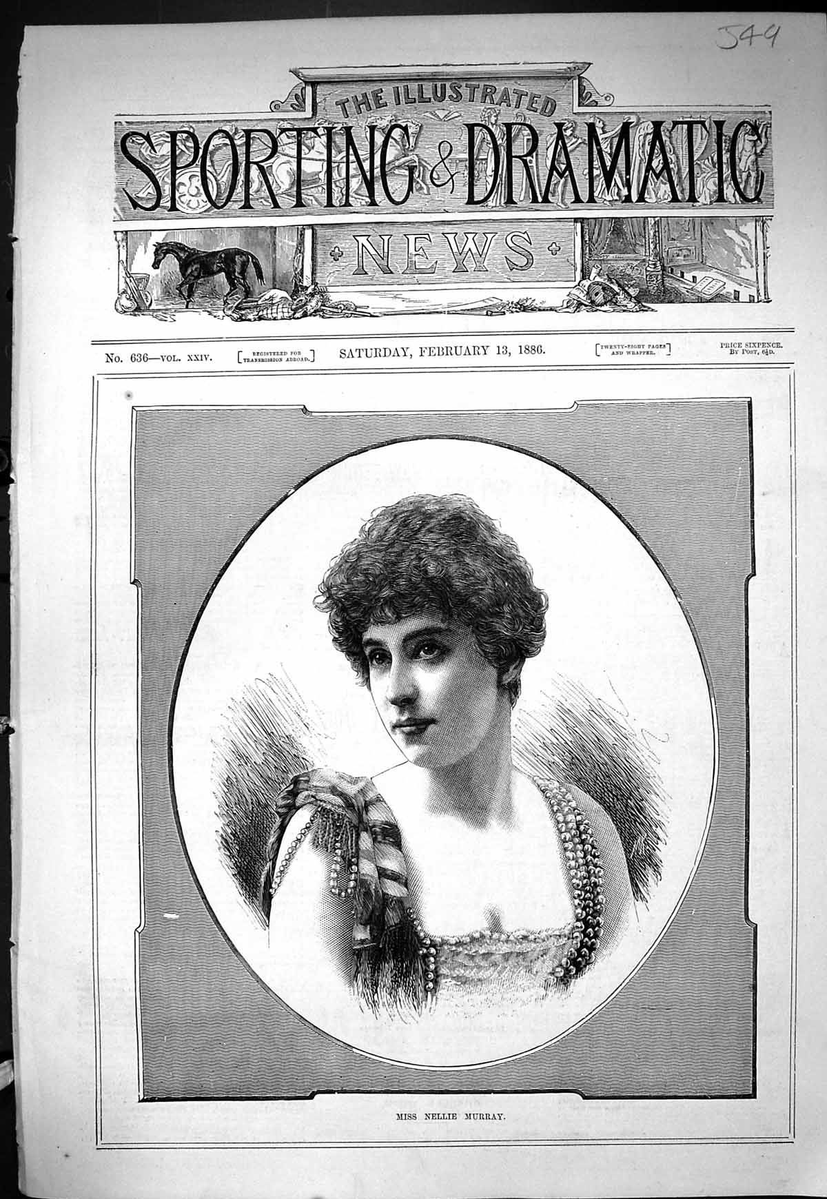 Old Antique Print Sporting Dramatic News 1886 Portrait Miss Nellie Murray 19th