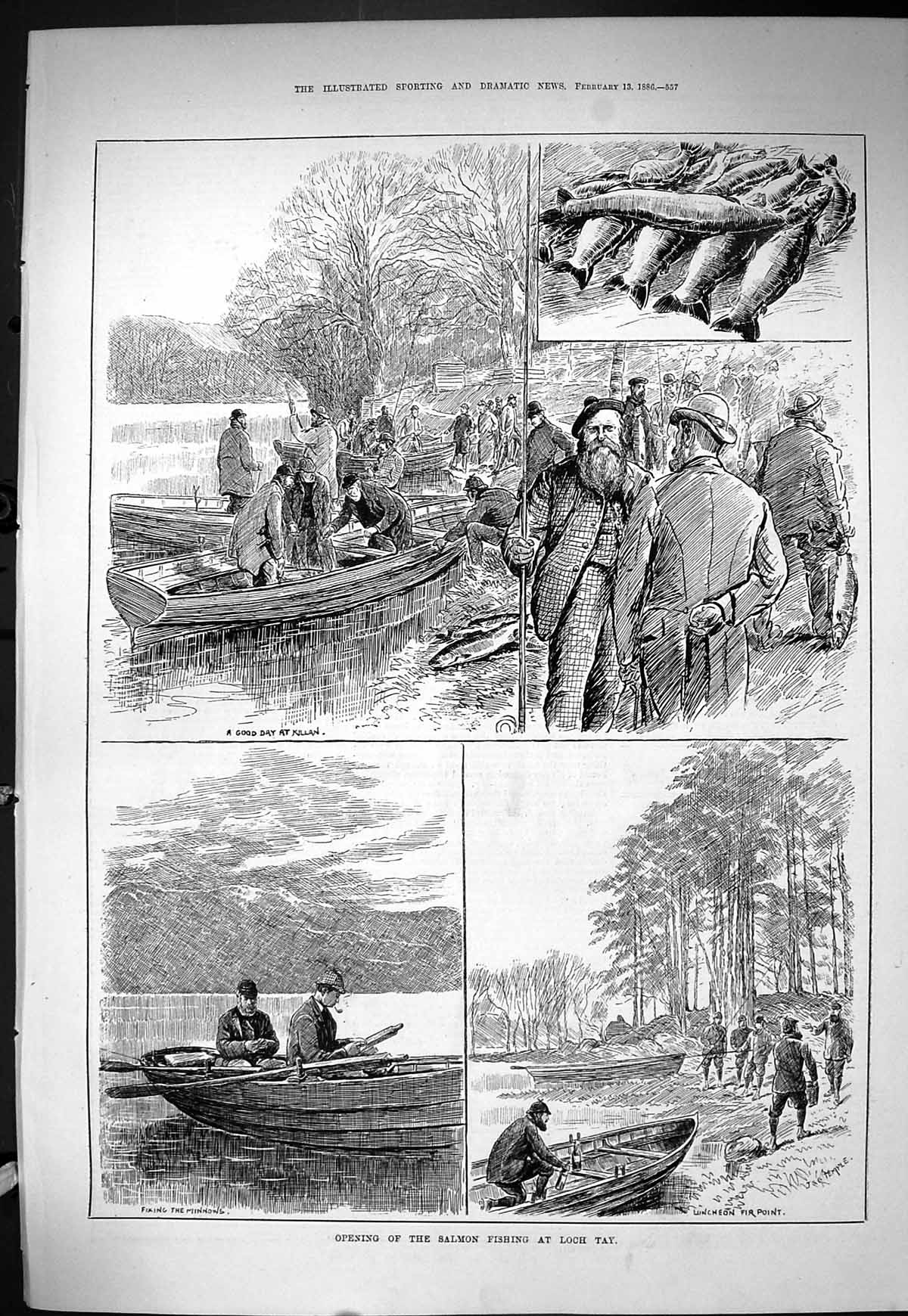 Old Sporting Dramatic News 1886 Opening Salmon Fishing Loch Tay Killa Victorian
