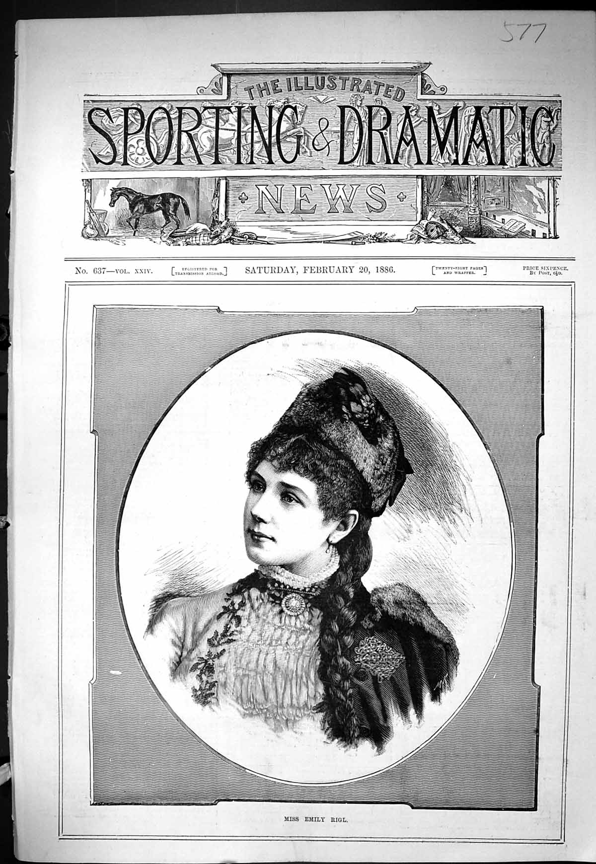 Original Old Antique Print Sporting Dramatic News 1886 Portrait Miss Emily Rigl