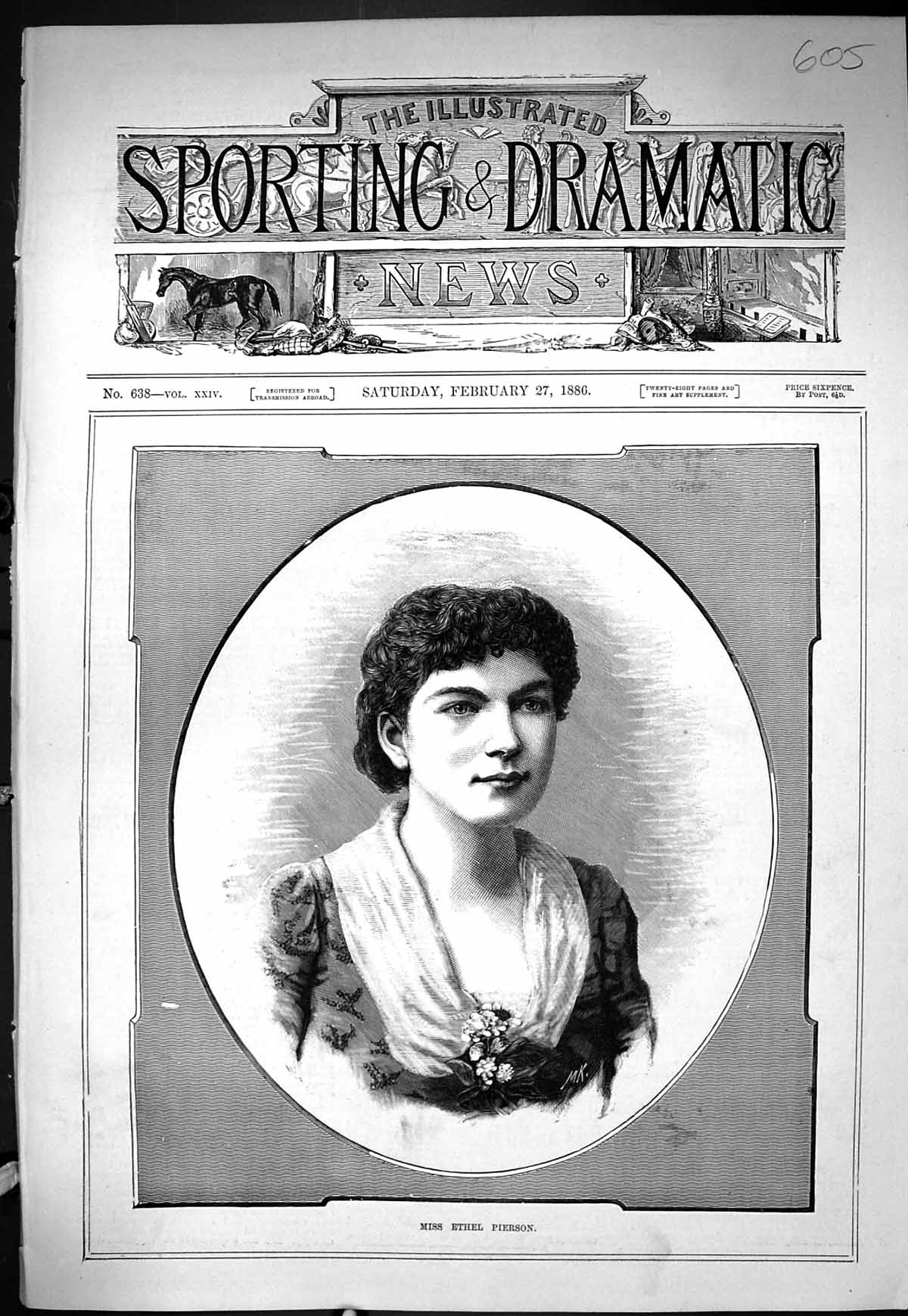 Old Antique Print Sporting Dramatic News 1886 Portrait Miss Ethel Pierson 19th