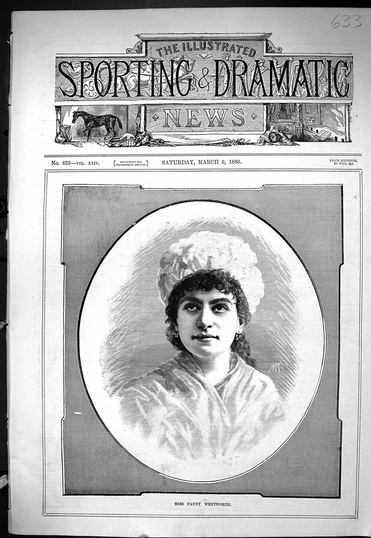 Antique Old Print Sporting Dramatic News 1886 Portrait Miss Fanny Wentworth