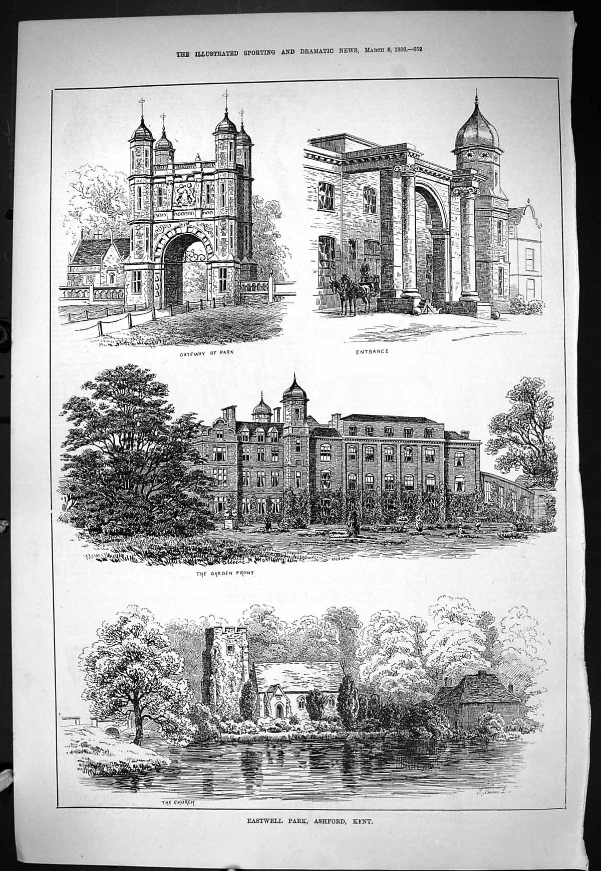 Old Sporting Dramatic News 1886 Eastwell Park Ashford Kent Church Man Victorian