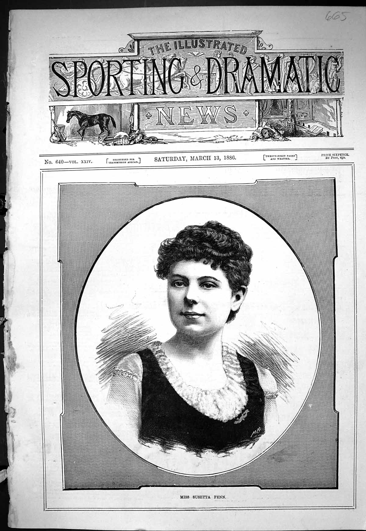 Old Antique Print Sporting Dramatic News 1886 Susetta Fenn Beautiful Lady 19th