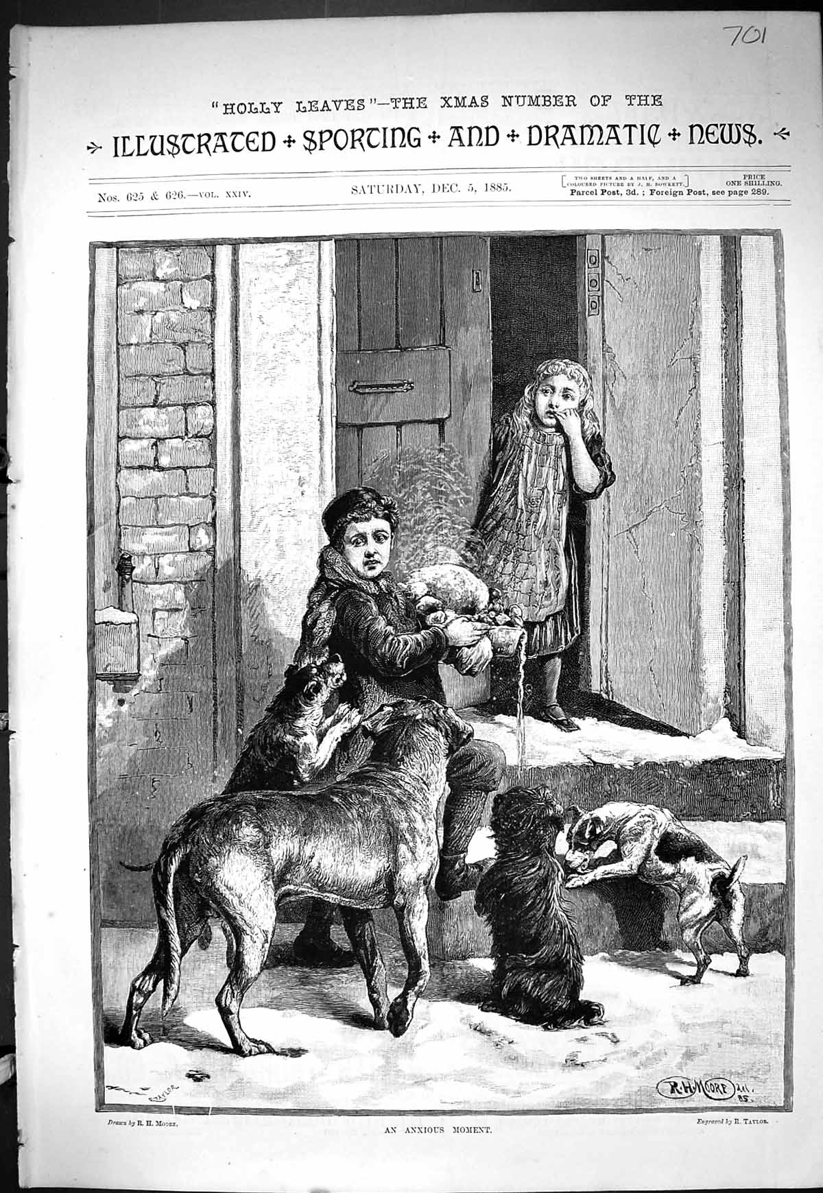 Old Sporting Dramatic News 1885 Boy Door Step Food Hungry Dogs Taylor Victorian
