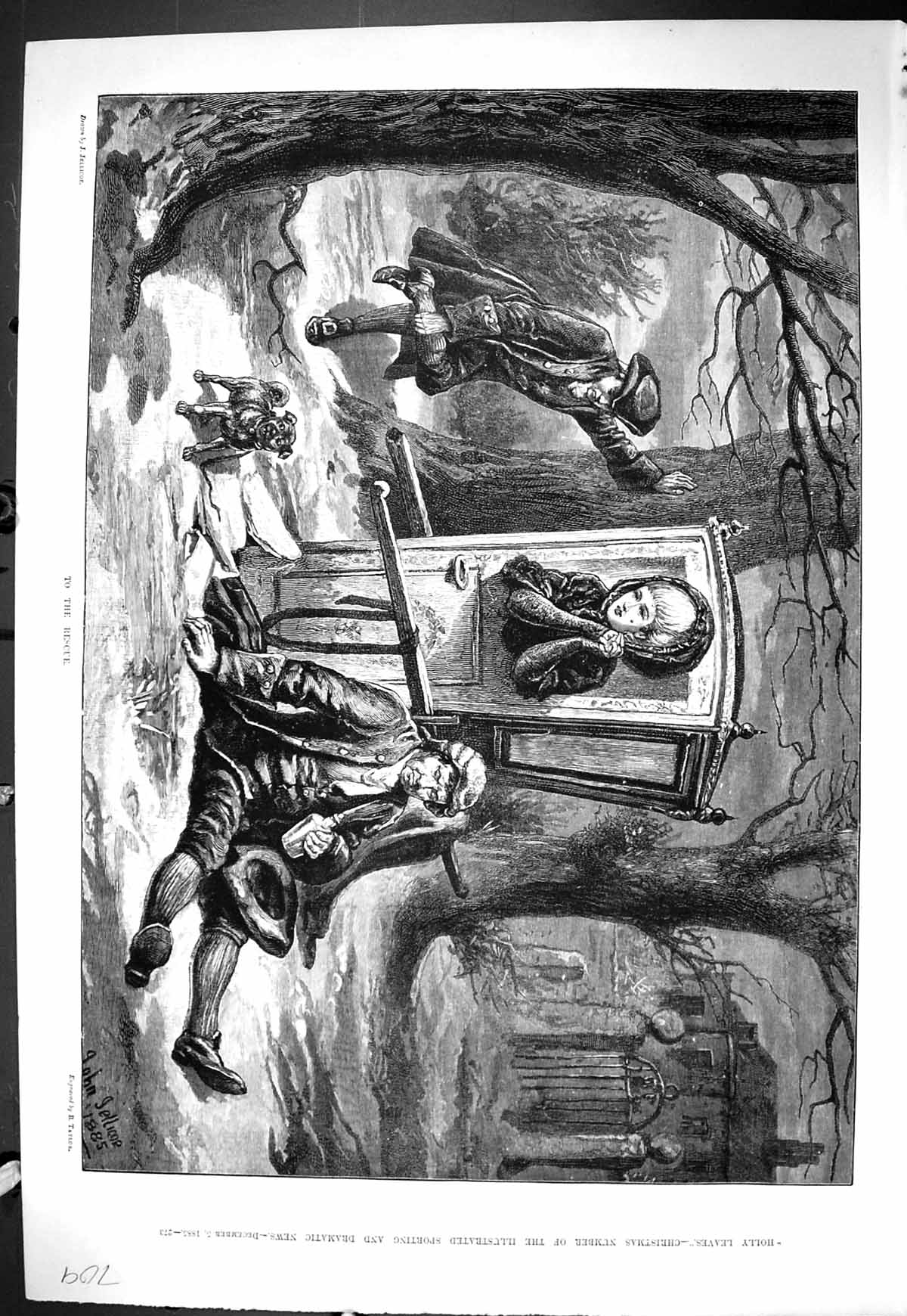 Old Sporting Dramatic News 1885 Rescue Lady Carriage Men Snow Taylor Victorian
