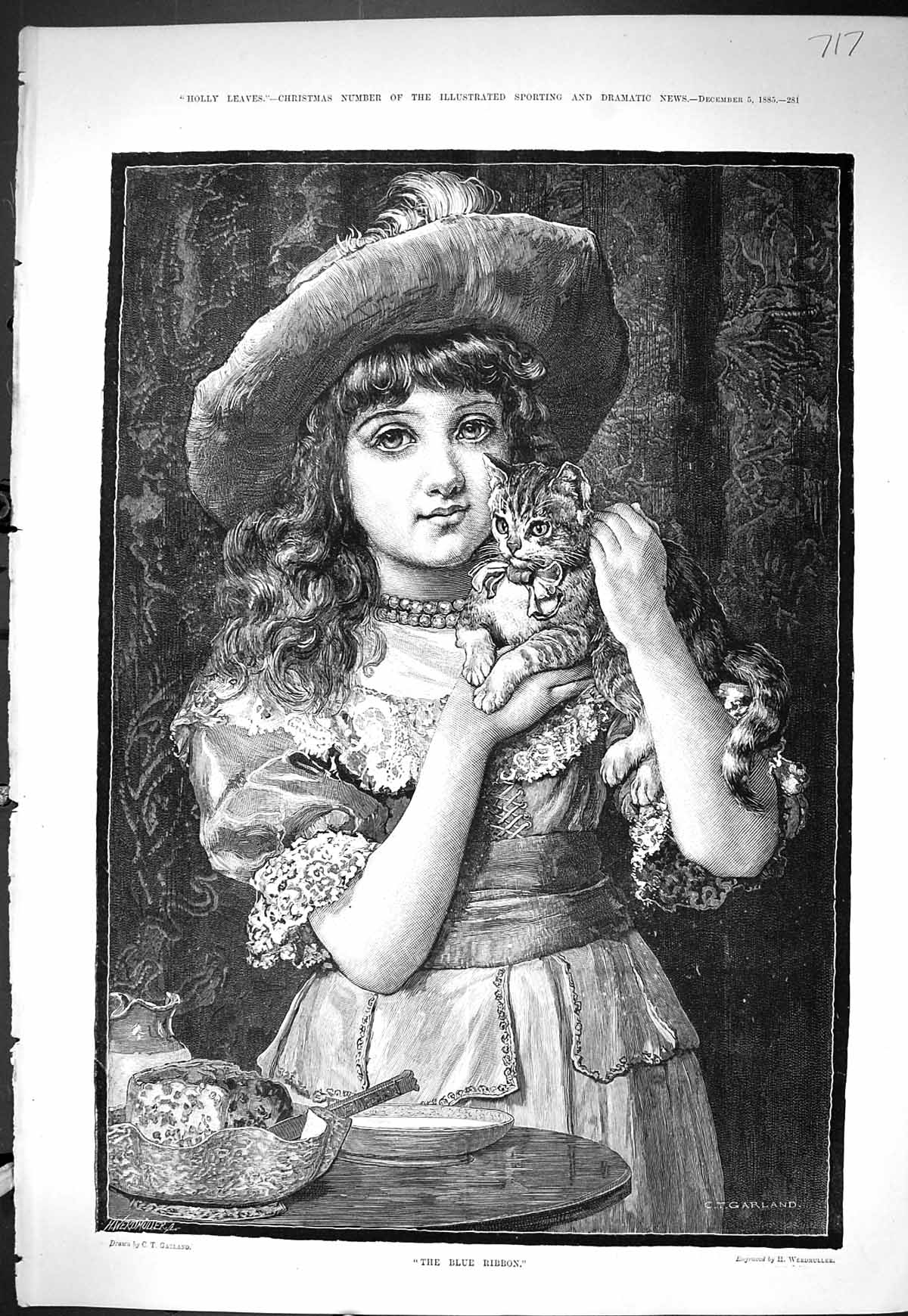 Old Sporting Dramatic News 1885 Blue Ribbon Little Girl Kitten Garlan Victorian