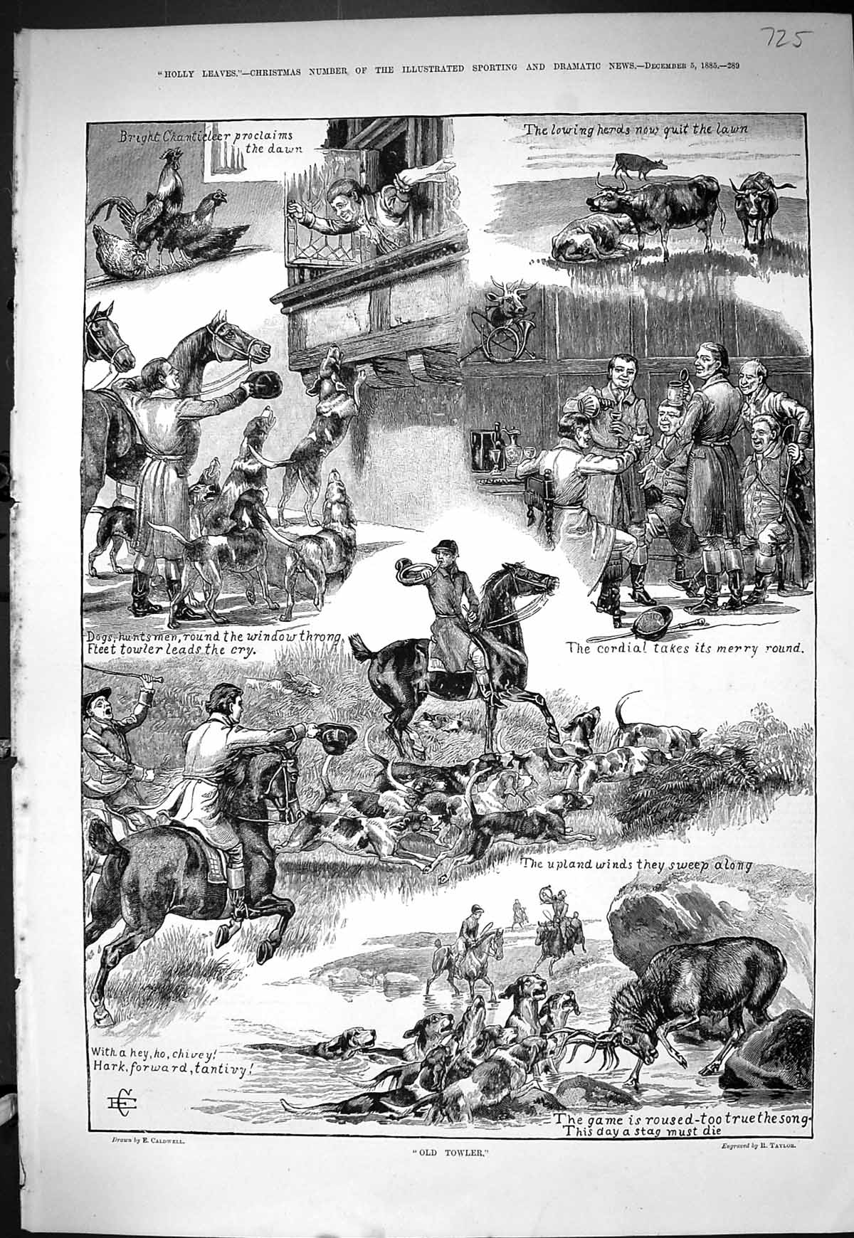 Antique Print Sporting Dramatic News 1885 Towler Hunting Hounds Horses Hunt