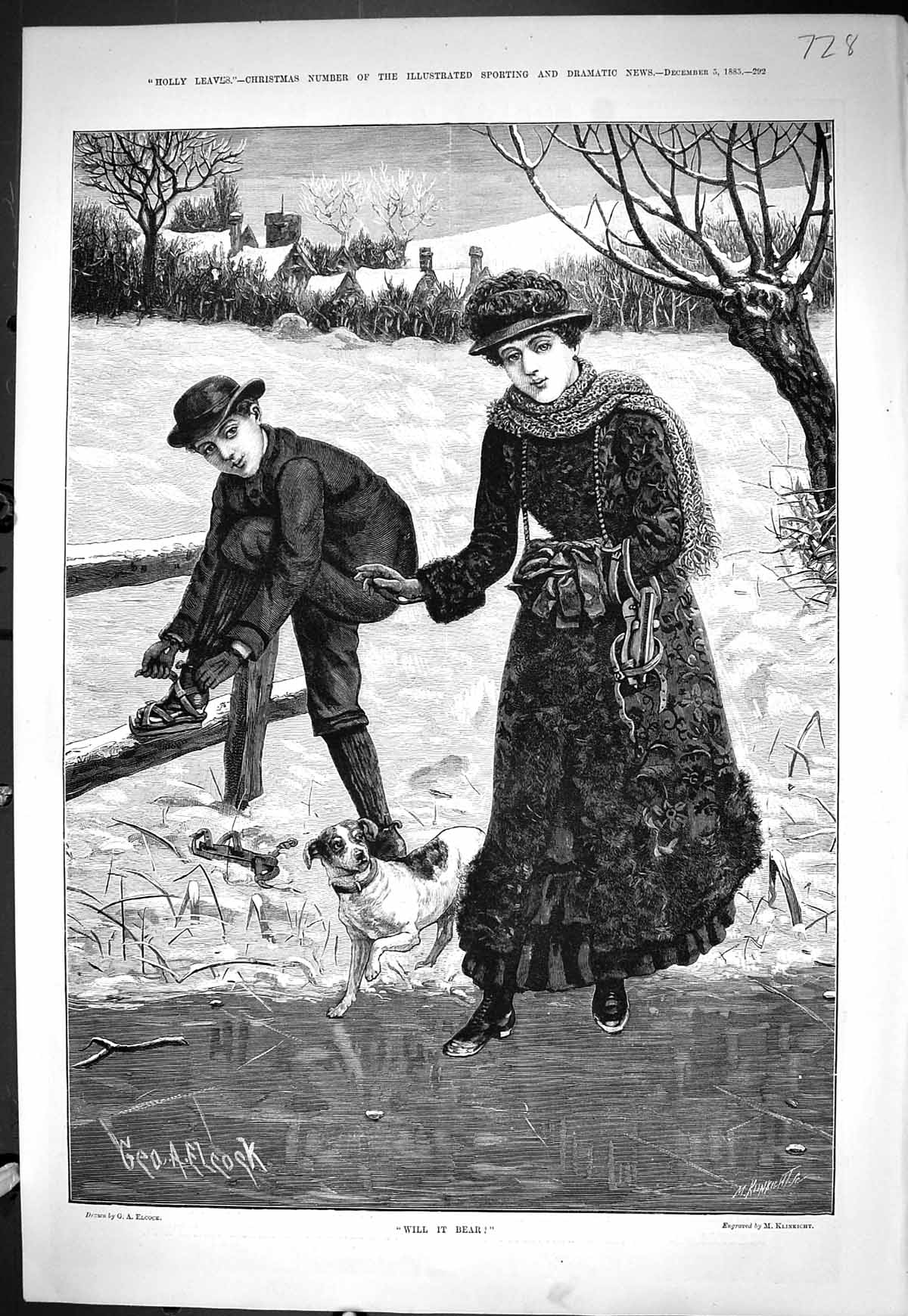 Old Sporting Dramatic News 1885 Will It Bear Lady Frozen Lake Boy Ska Victorian