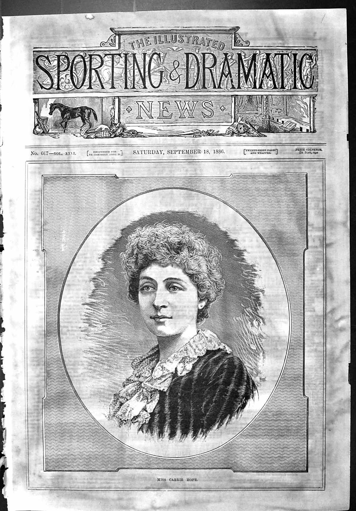 Antique Old Print Sporting Dramatic News 1886 Portrait Miss Carrie Hope Lady