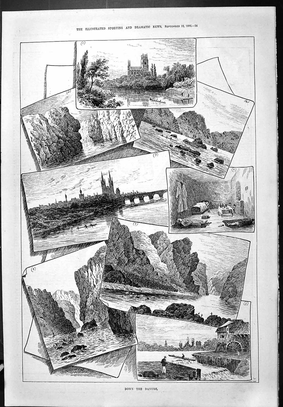 Old Sporting Dramatic News 1886 Danube River Bridge Rocks Cathedral S Victorian