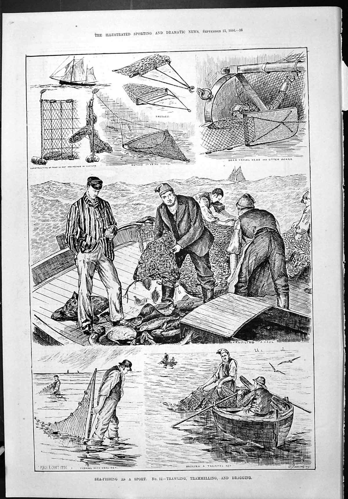Old Sporting Dramatic News 1886 Sea Fishing Boats Trawling Trammellin Victorian
