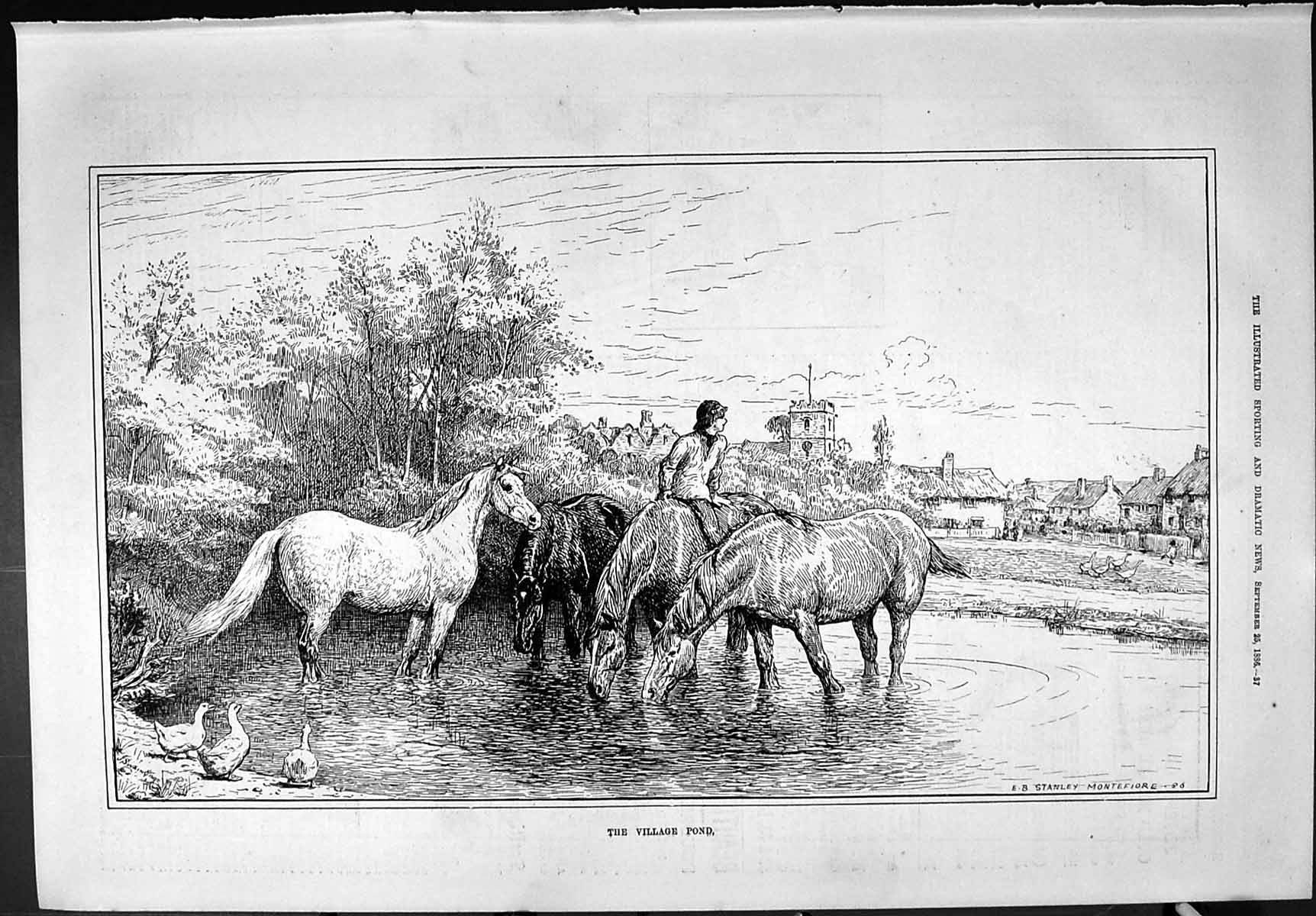 Old Sporting Dramatic News 1886 Village Pond Horses Geese Swain Stanl Victorian